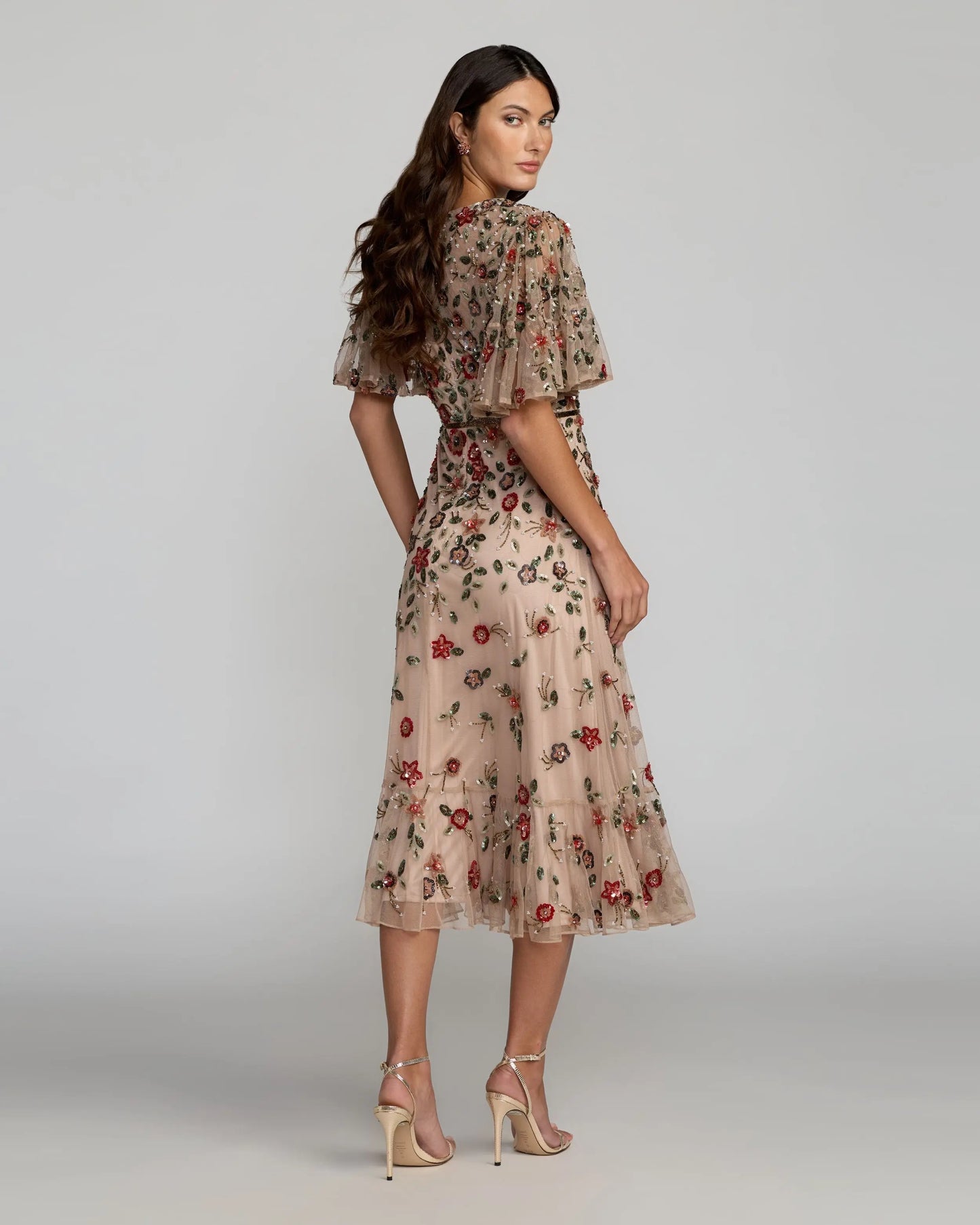 Beige Floral Embellished Flutter Sleeve Midi Dress Mac Duggal