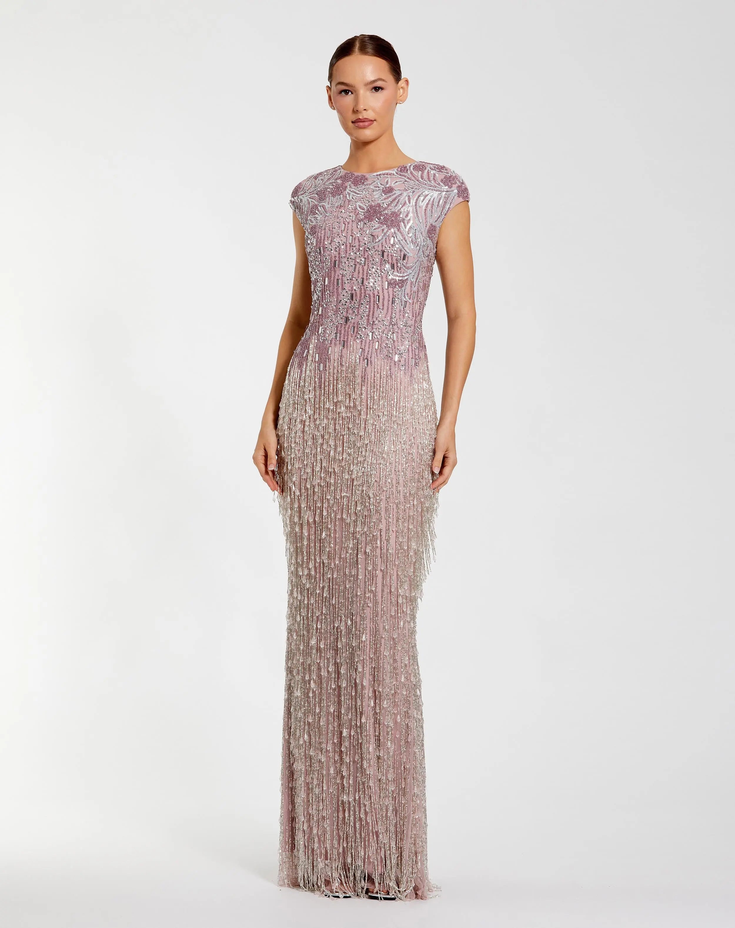 Embellished Cap Sleeve Gown With Fringe Beading