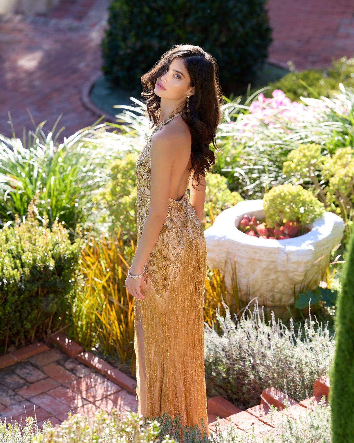 Gold Embellished Halter Gown with Beaded Fringe - Mac Duggal