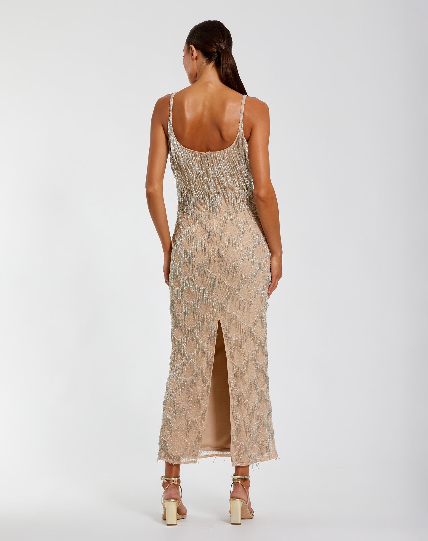 Nude Beaded Fringe Column Maxi Dress Mac Duggal