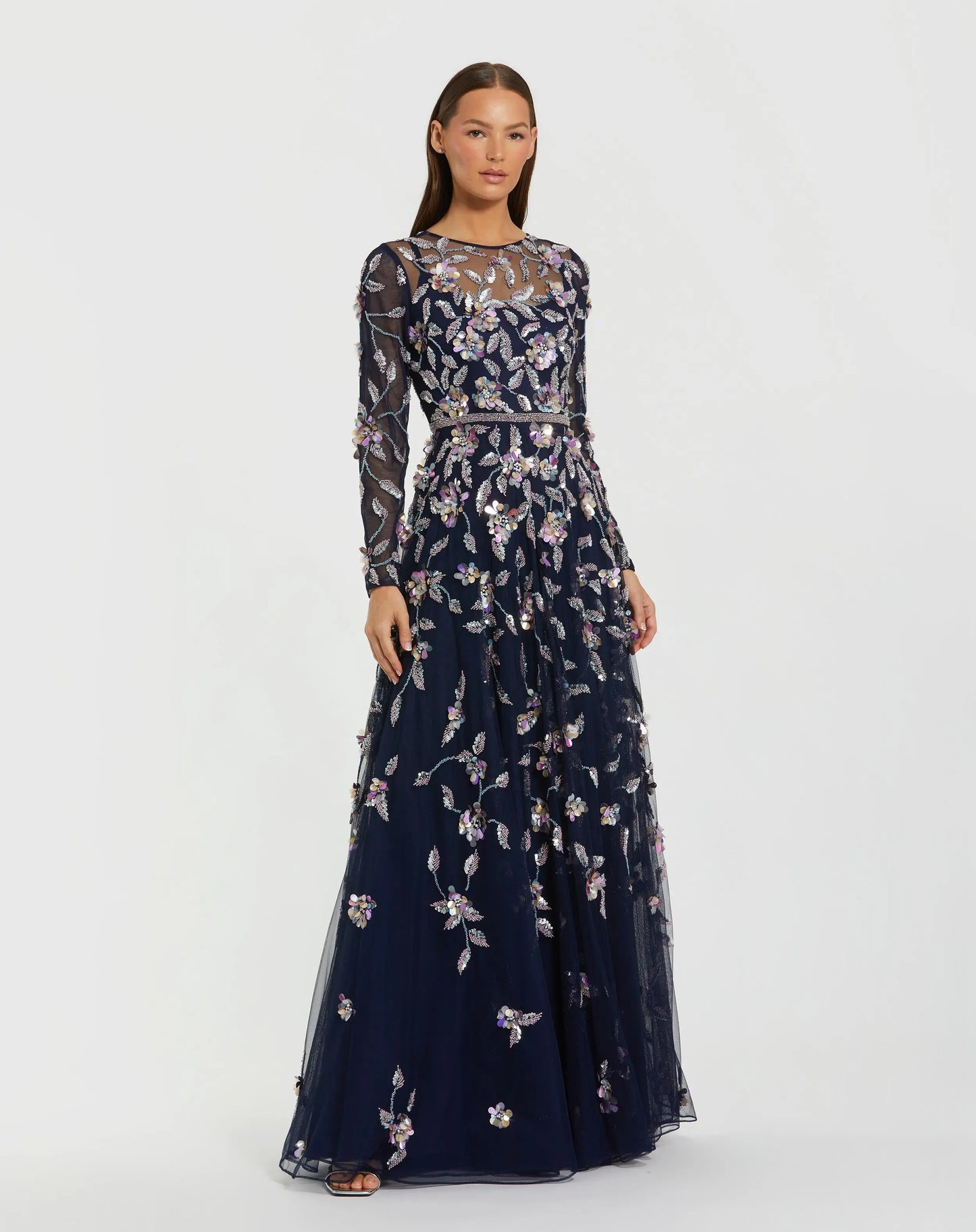 Navy Long Sleeve Floral Embellished Gown - Mac Duggal