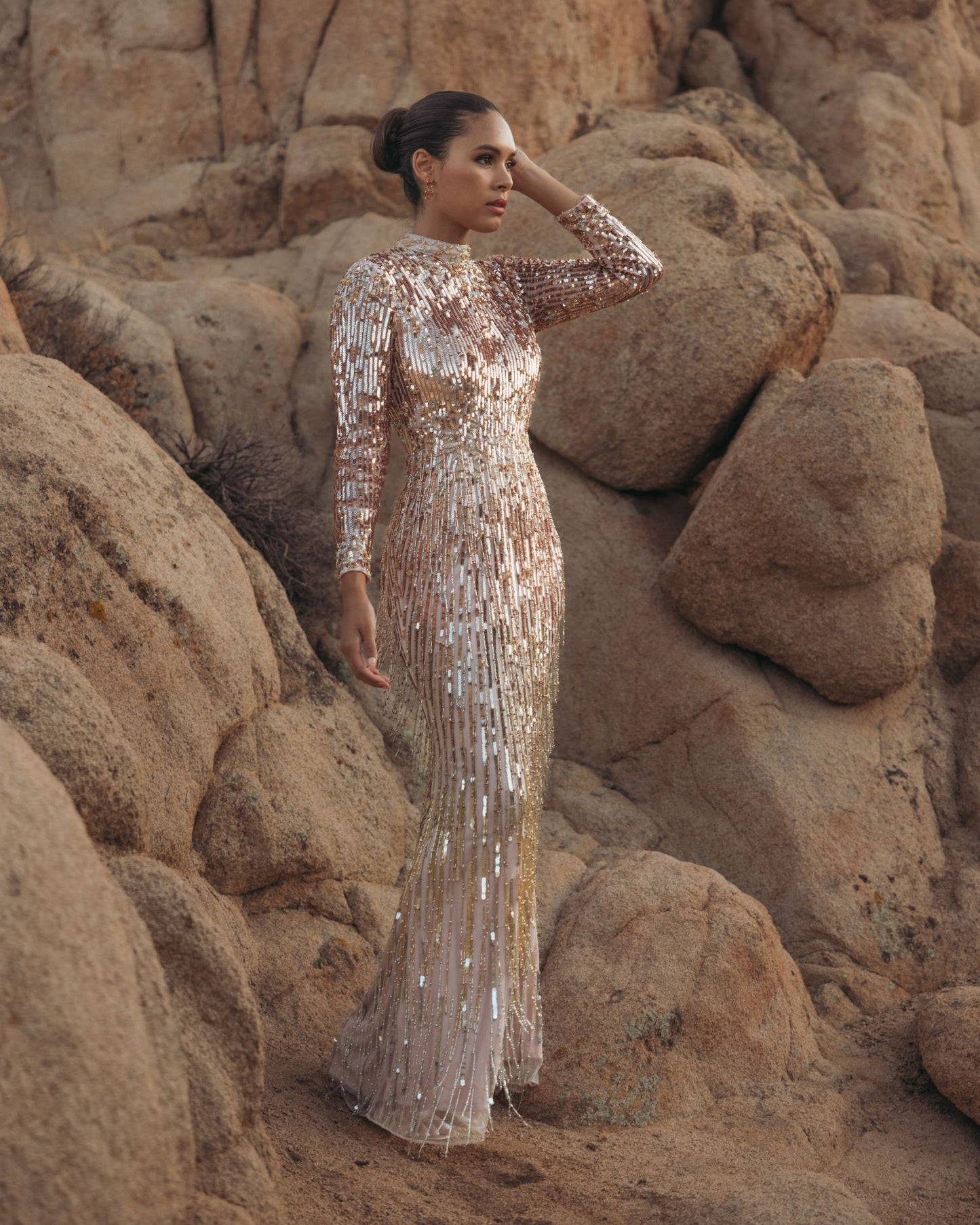 Pink Mock Neck Long Sleeve Fringe Embellished Column Gown - Mac Duggal