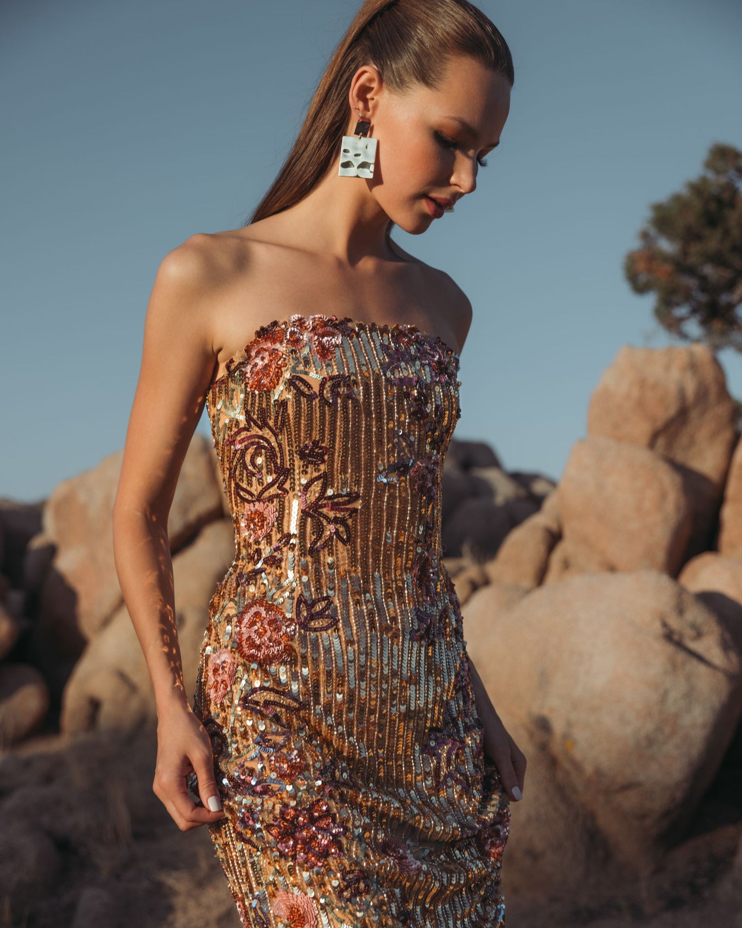 Gold Floral Embellished Strapless Column Dress - Mac Duggal