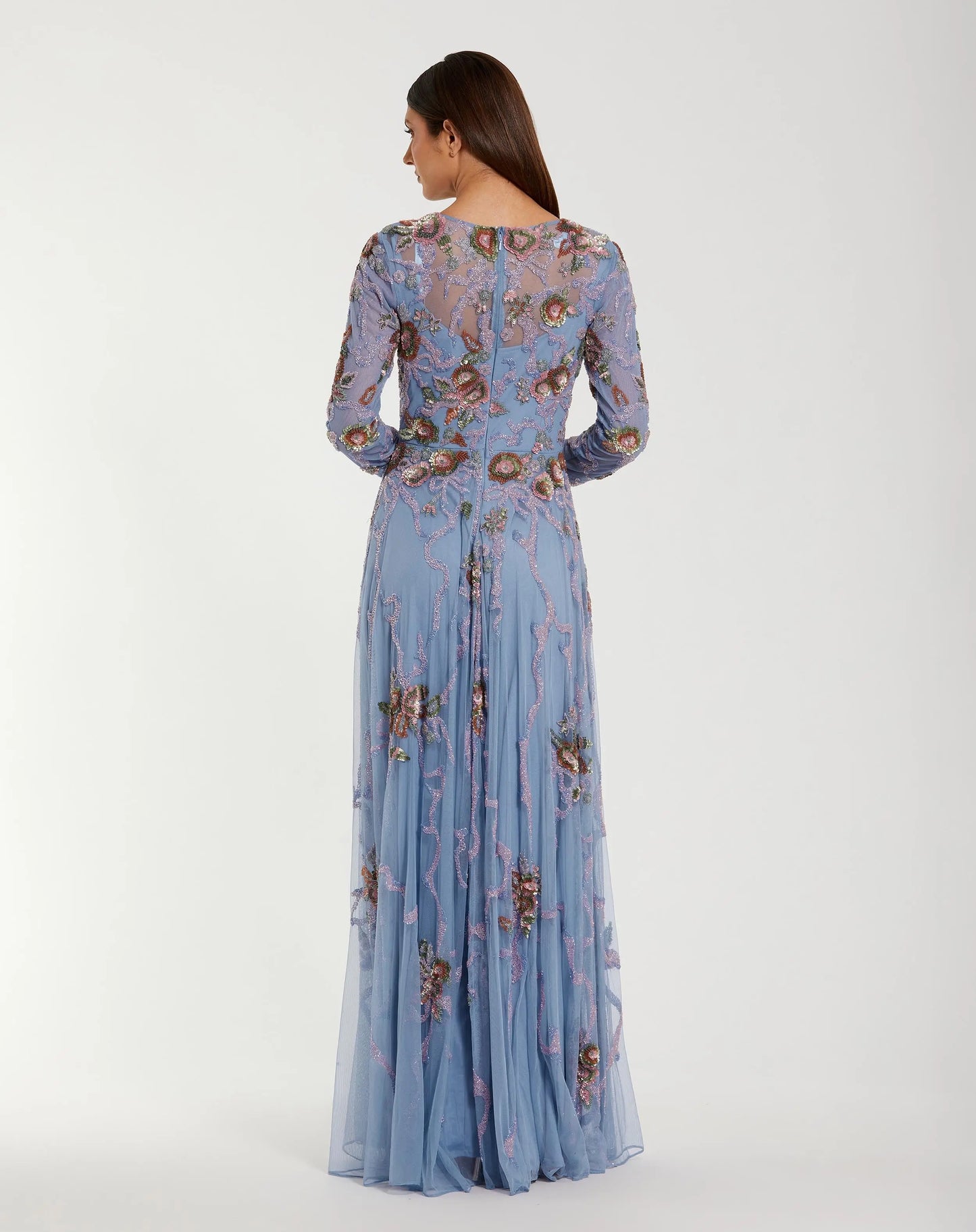 Blue Long Sleeve Floral Beaded Gown Mac Duggal