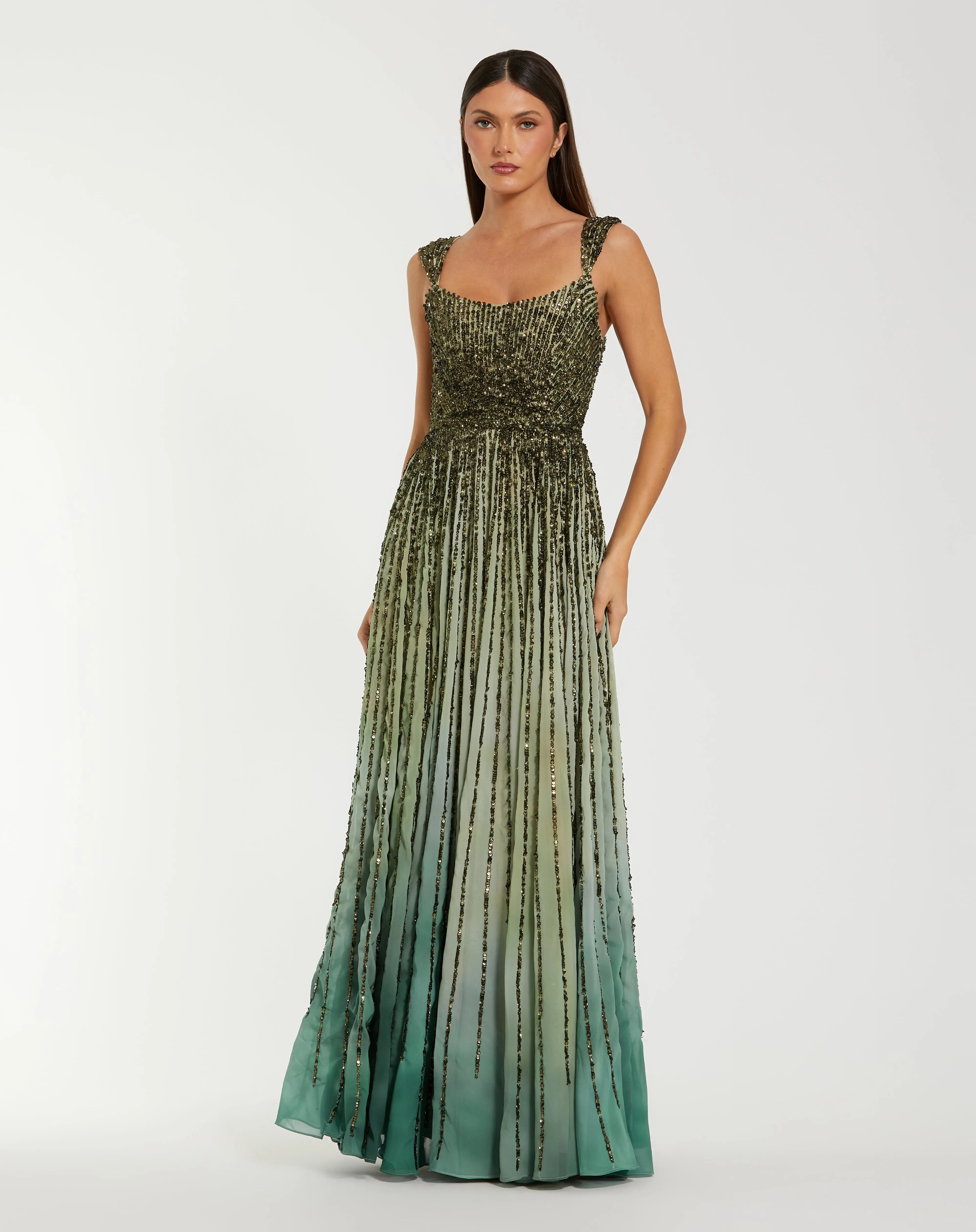 Mac Duggal - Green Sleeveless Sequin A Line Ombre Gown - Patina Green / US 14 Mac Duggal - Green Sleeveless Sequin A Line Ombre Gown - Patina Green / US 14