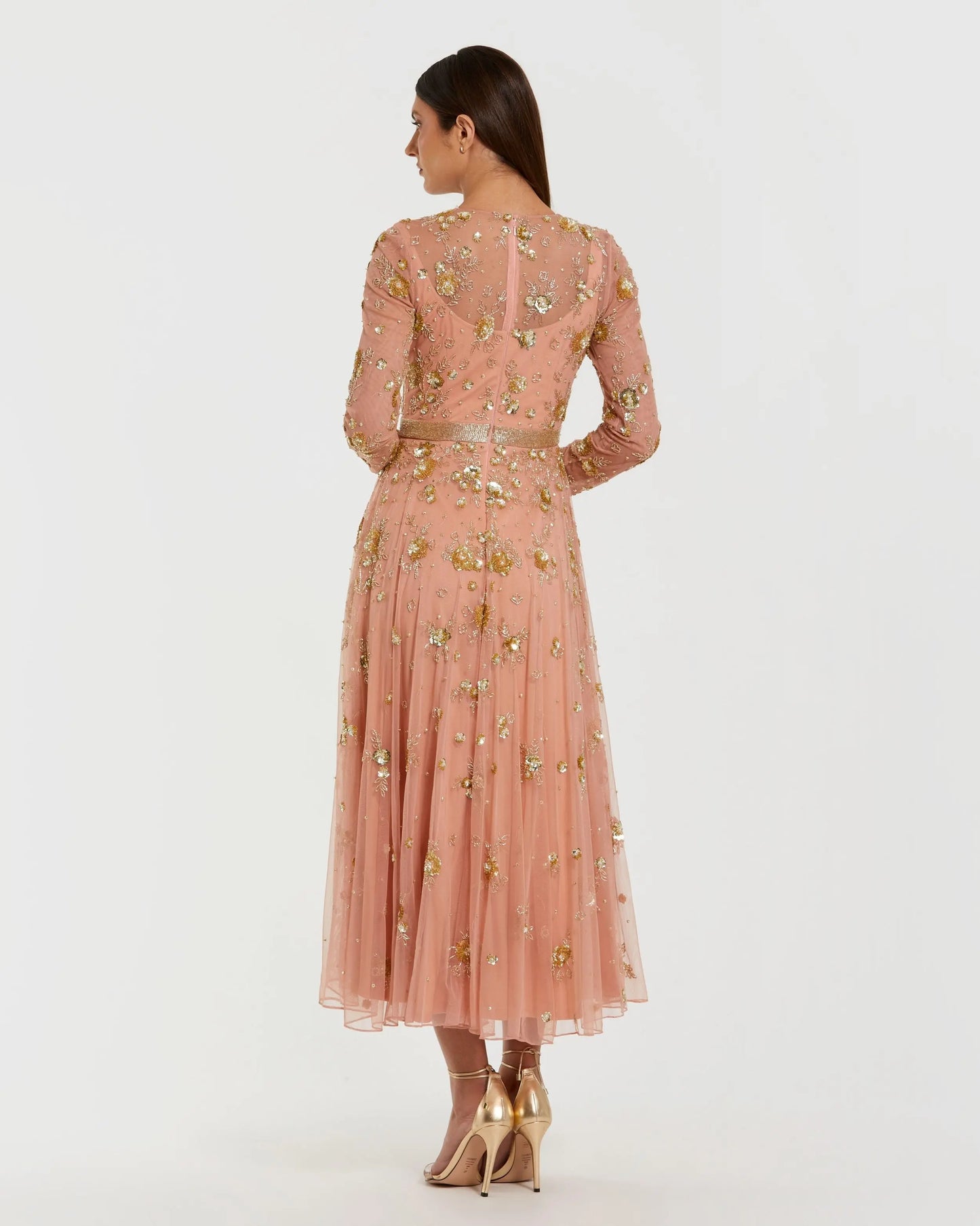 Beige Beaded Long Sleeve A Line Midi Dress Mac Duggal