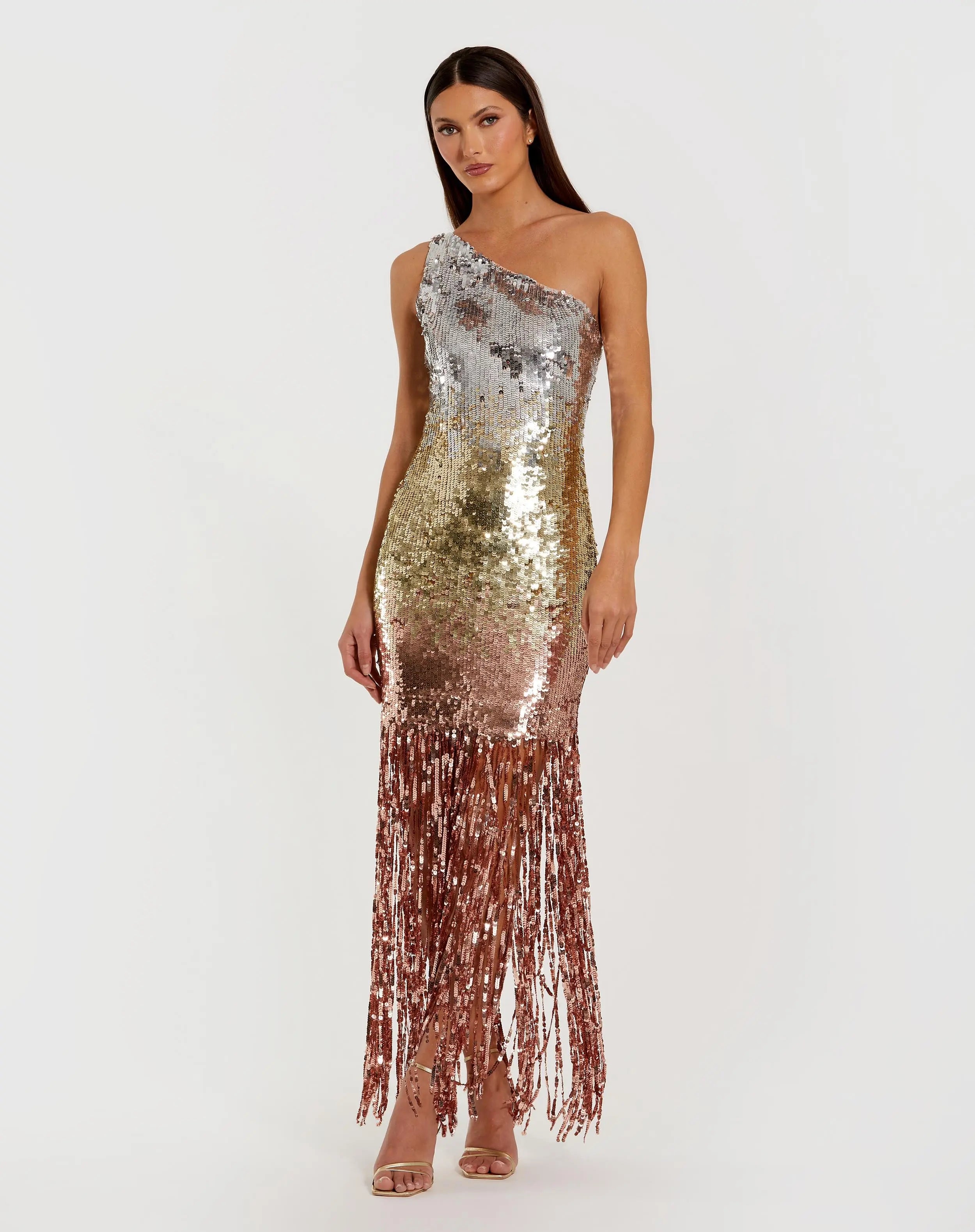 Mac Duggal Ombre Sequin Fringe Mesh One Shoulder Gown, Womens, 8, Gold Silver