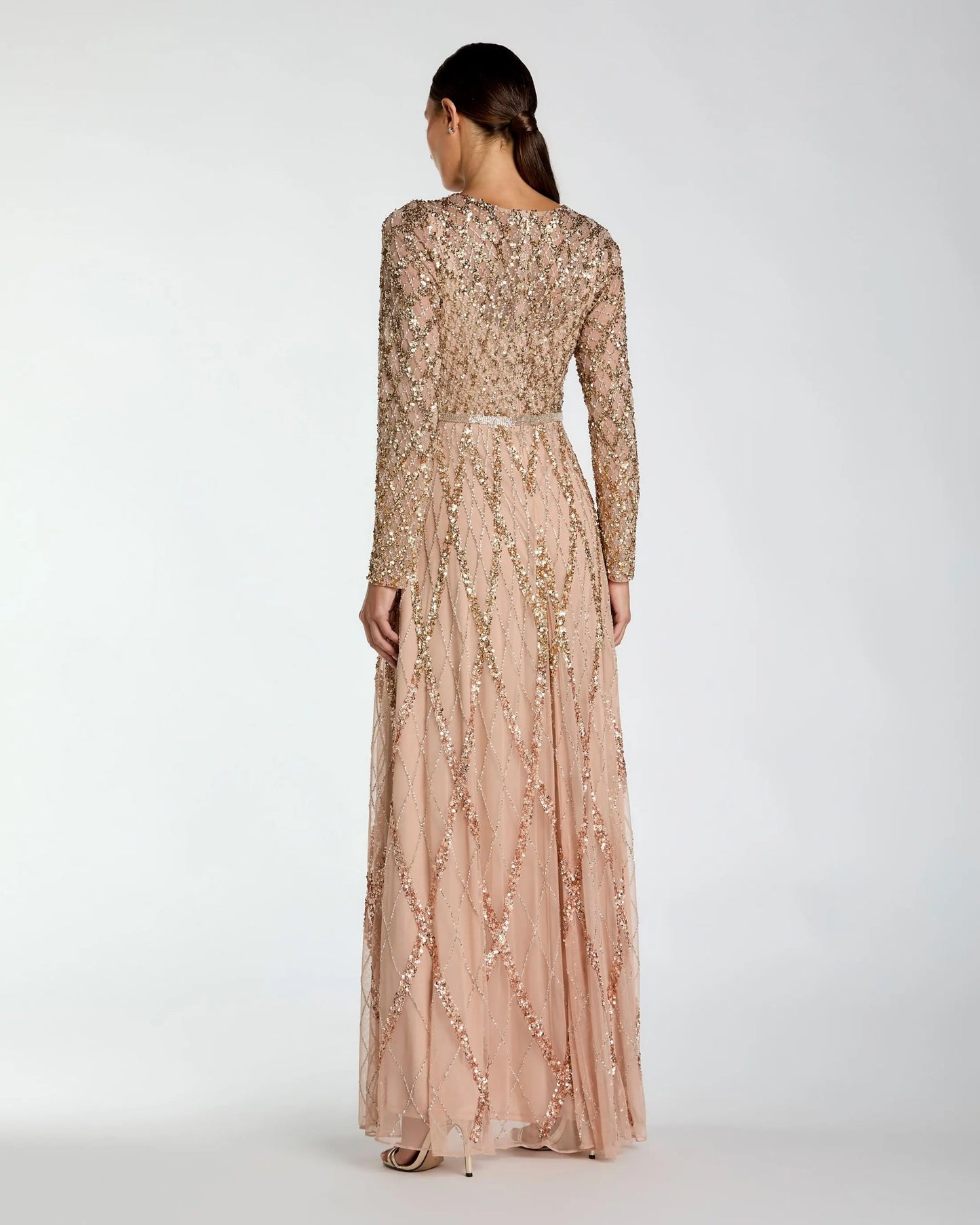 Beige Ombre Sequined Long Sleeve Gown Mac Duggal