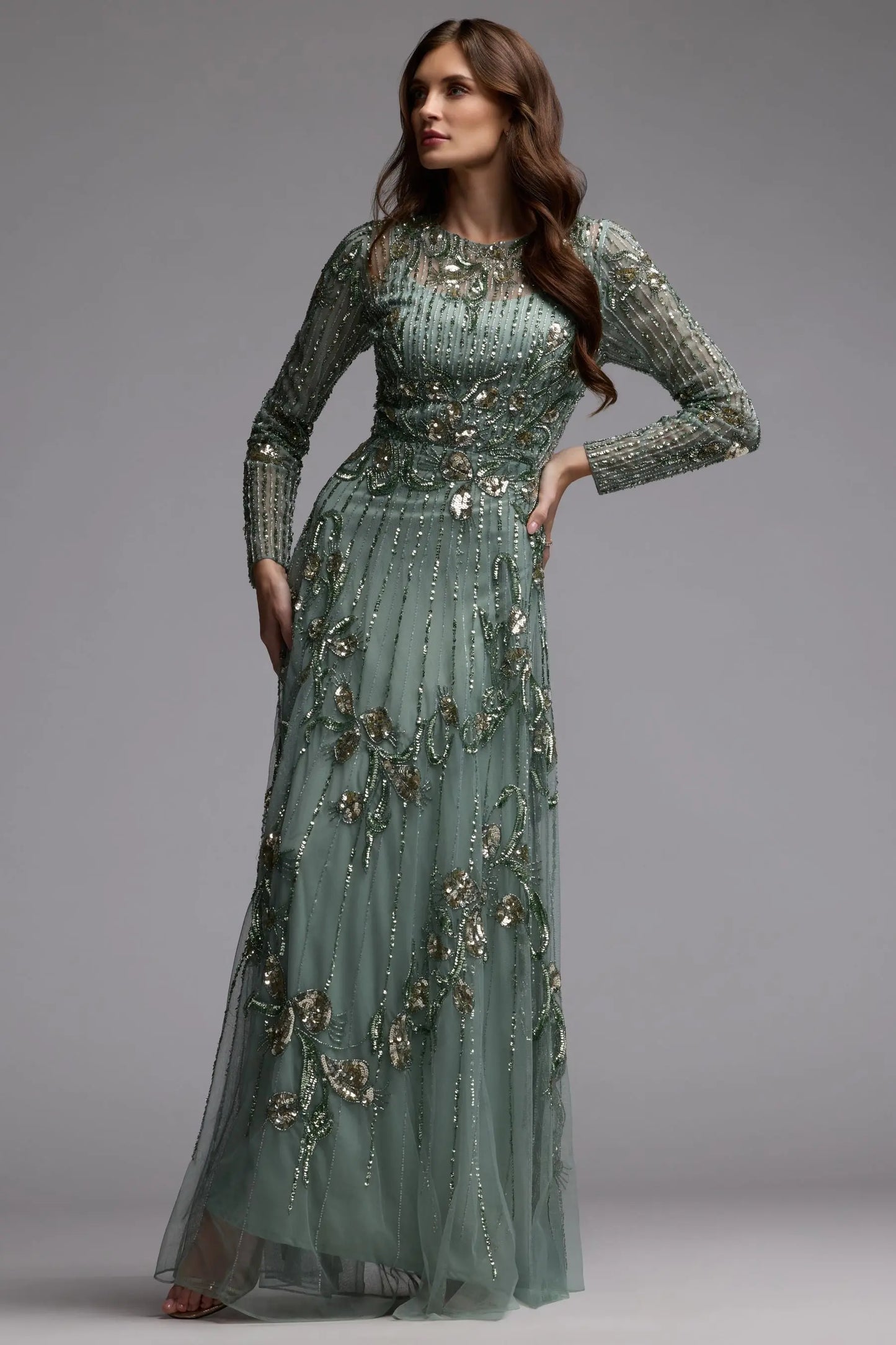 Green Beaded Long Sleeve A Line Gown Mac Duggal