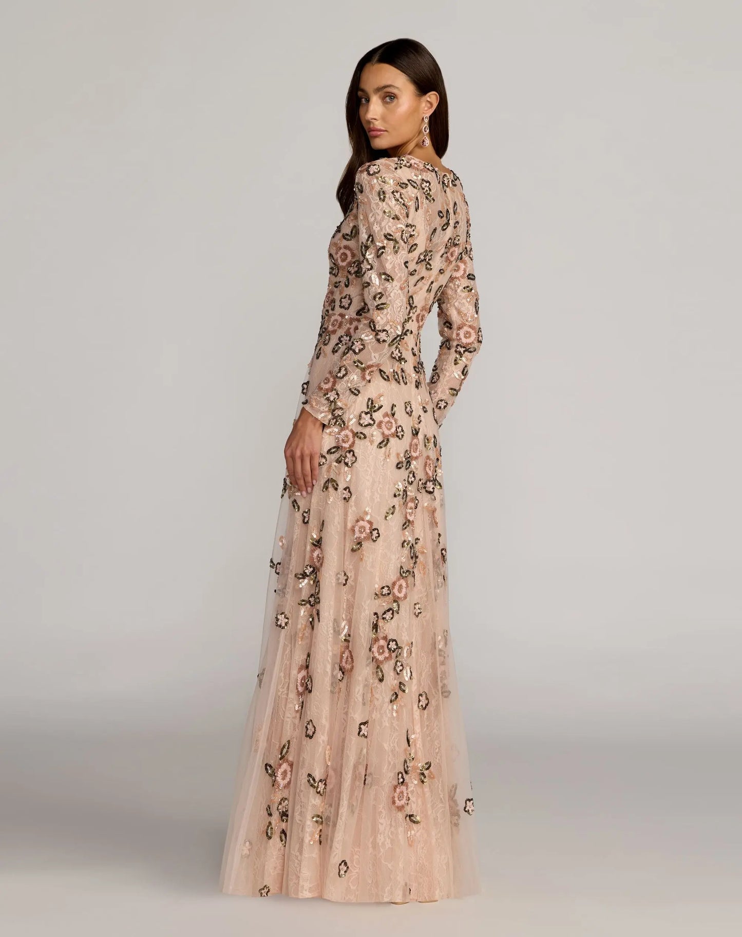Pink Embellished Lace Floral Long Sleeve A-Line Gown - Mac Duggal