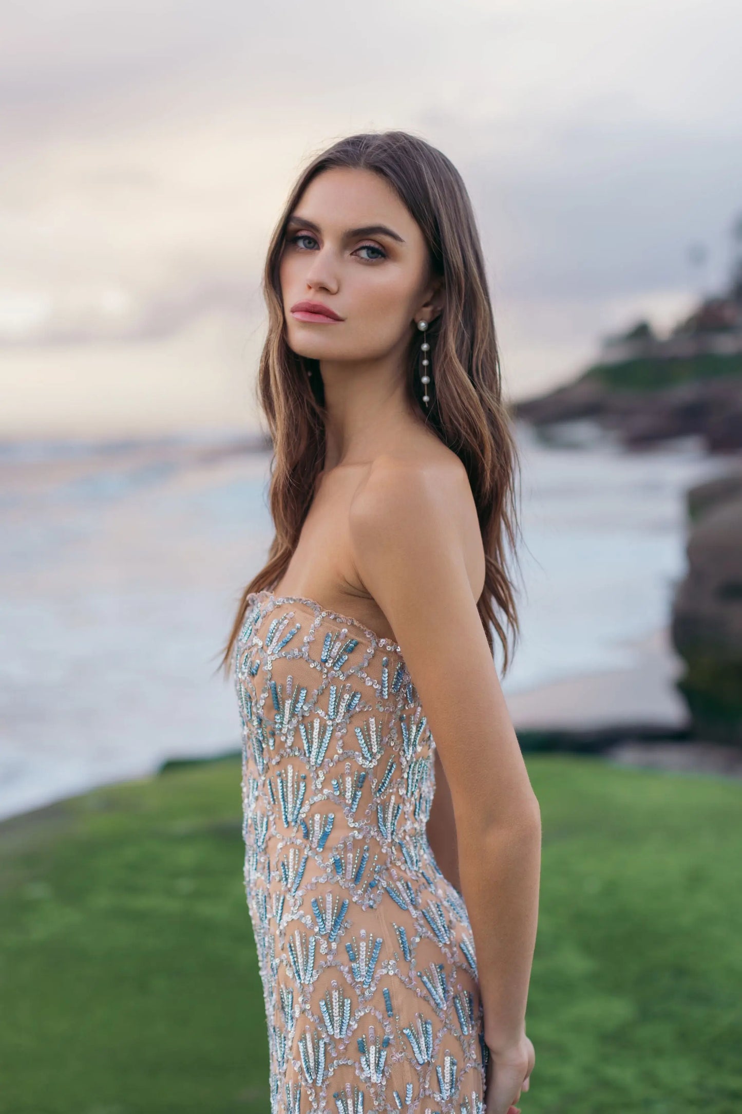 Beige Hand Embellished Strapless Evening Gown - Mac Duggal