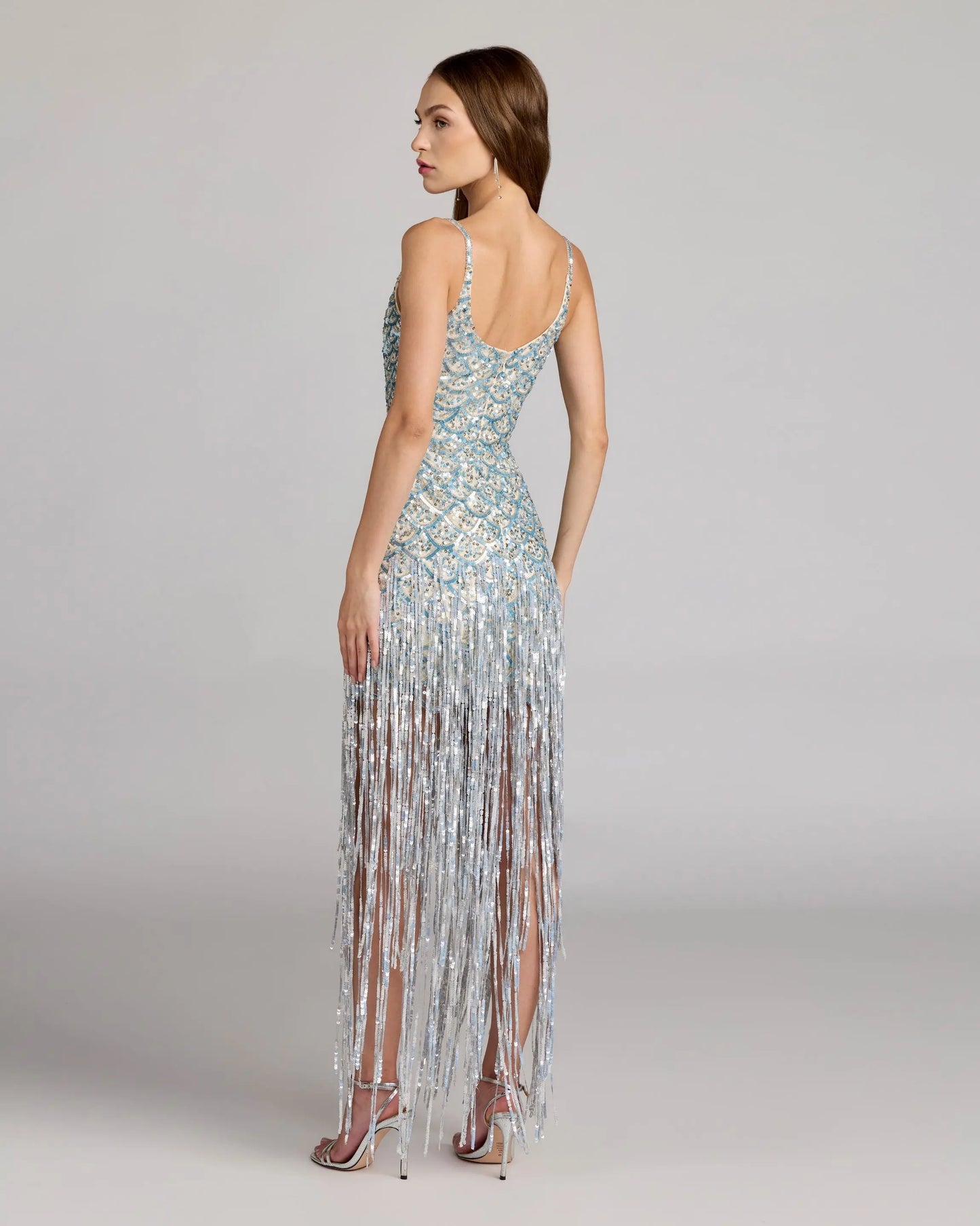 Blue Silver Sequin Fringe Midi Dress Mac Duggal
