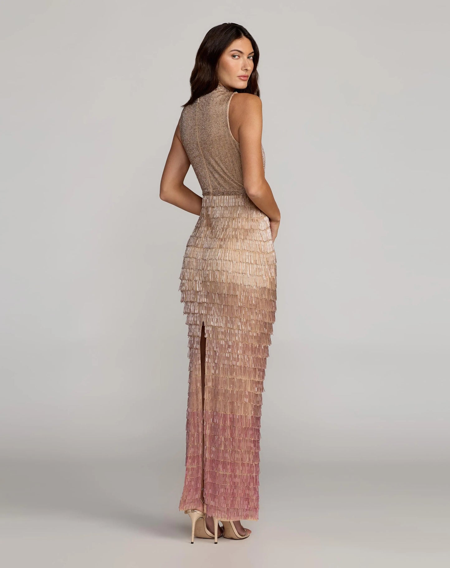 Beige Mock Neck Sleeveless Beaded Fringe Gown - Mac Duggal