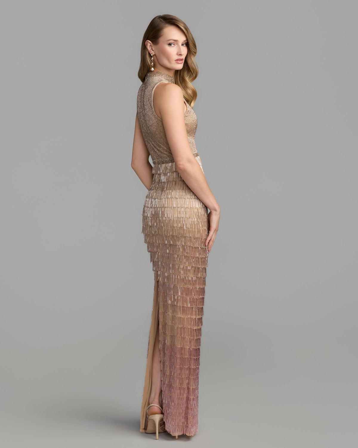 Pink Ombre Mock Neck Sleeveless Beaded Fringe Gown - Mac Duggal