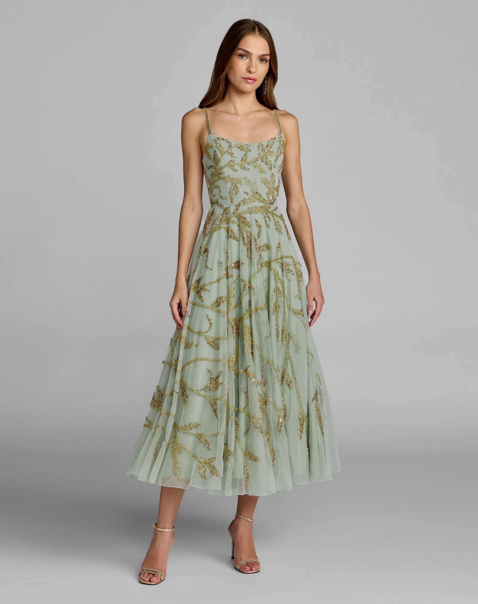 Green and Gold Floral Hand Beaded Midi Dress | Mac Duggal Green and Gold Floral Hand Beaded Midi Dress | Mac Duggal