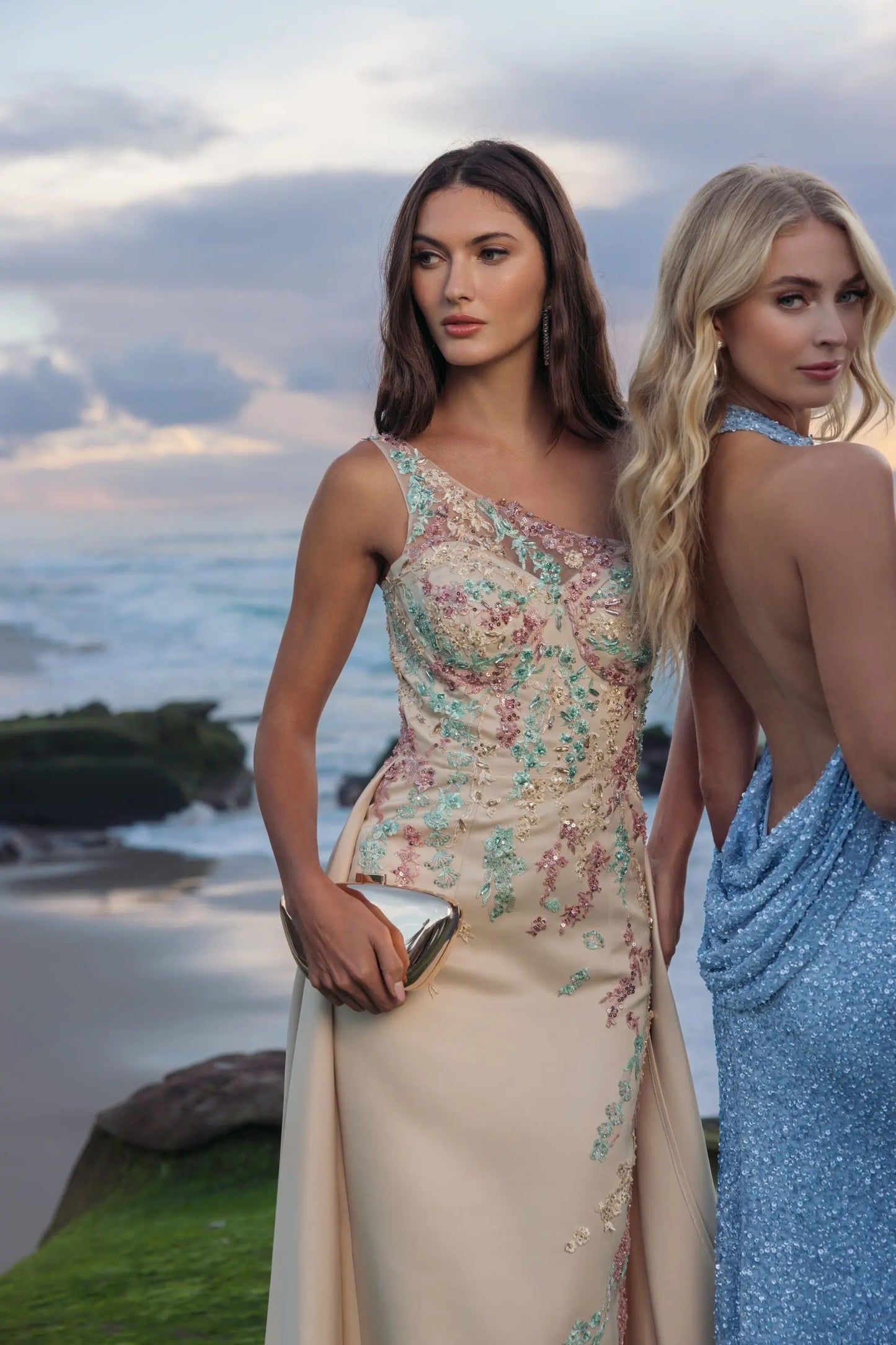 Beige One Shoulder Embellished Gown With Train Mac Duggal