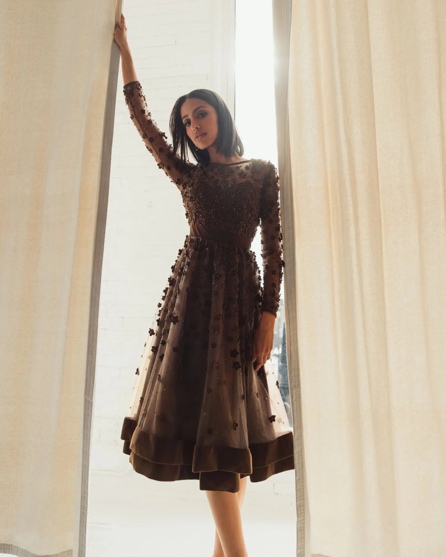 Brown Embellished Long Sleeve Velvet Trim A-Line Midi Dress | Mac Duggal Brown Embellished Long Sleeve Velvet Trim A-Line Midi Dress | Mac Duggal