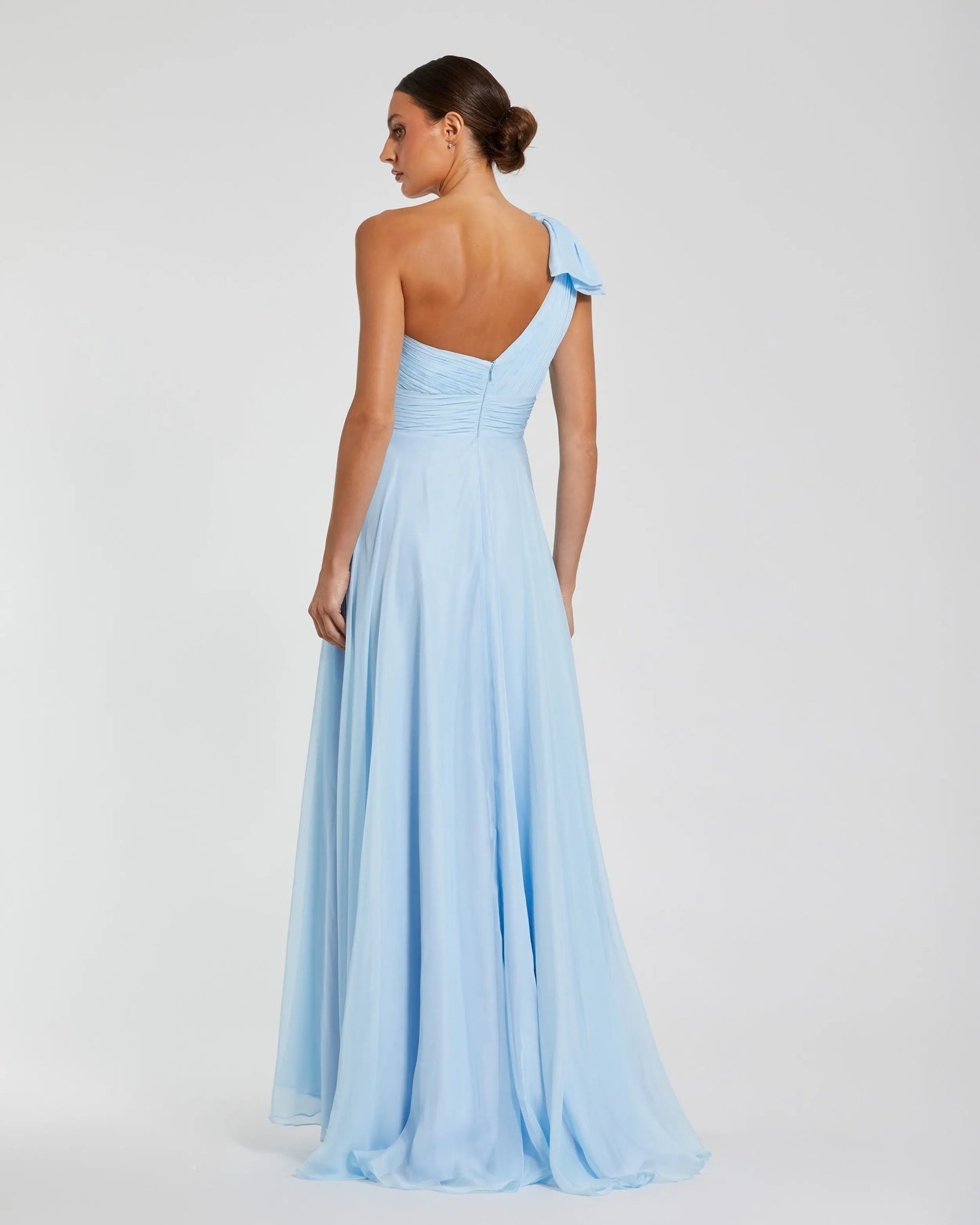 Blue One Shoulder Pleated Evening Gown with Bow Ieena for Mac Duggal