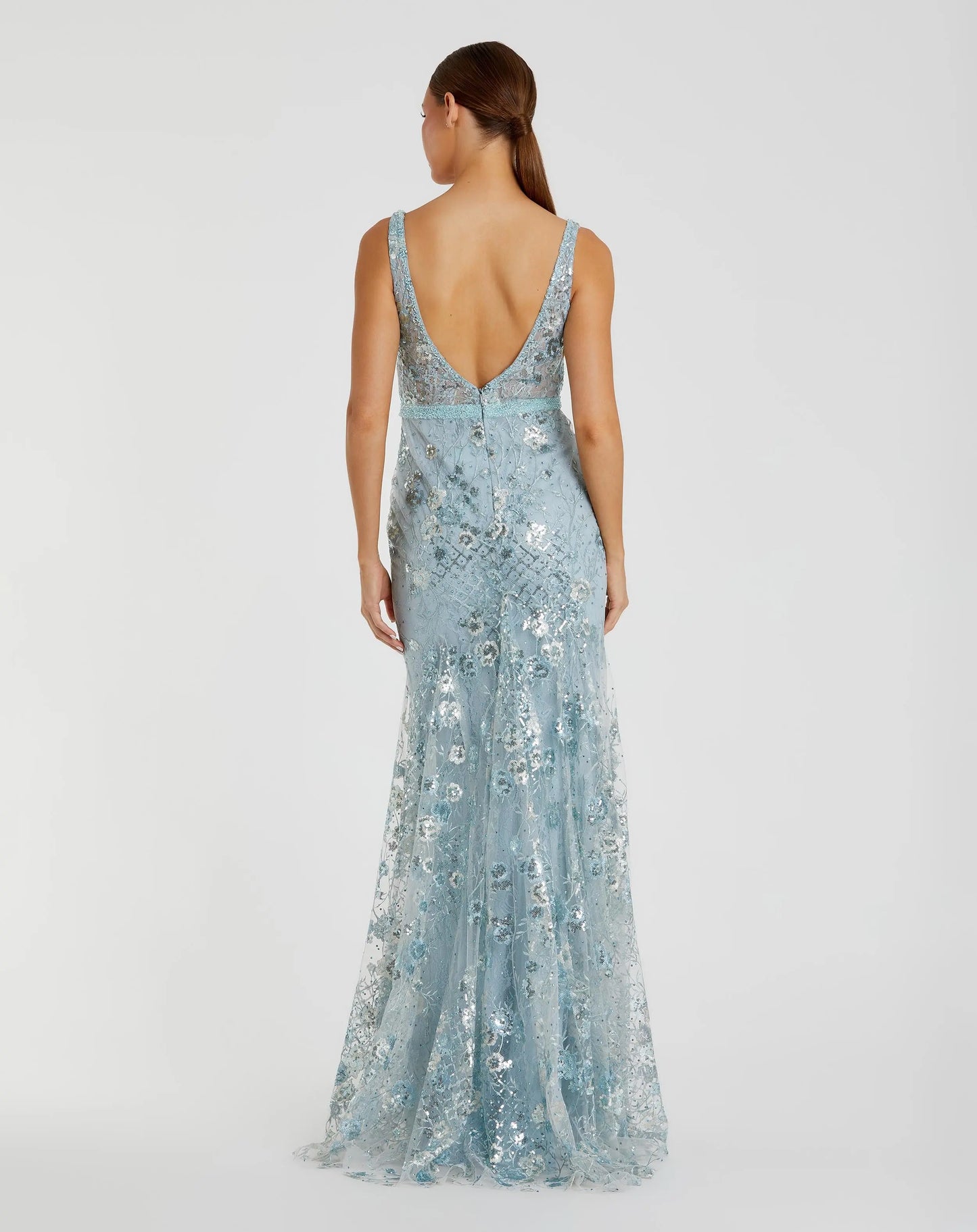 Blue Embellished Sleeveless Plunge Neck Gown - Mac Duggal