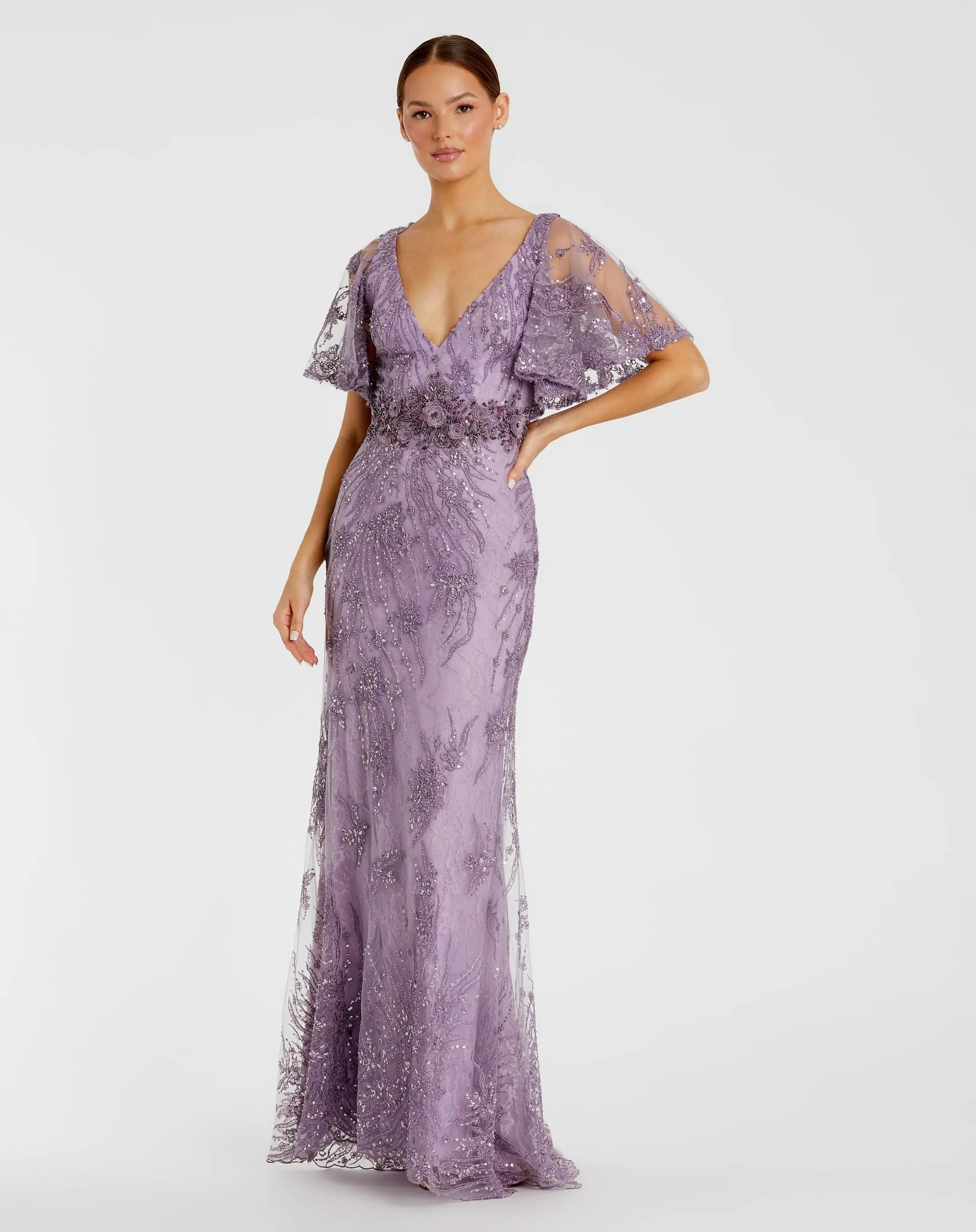 Purple Embellished Flutter Sleeve Evening Gown | Mac Duggal Purple Embellished Flutter Sleeve Evening Gown | Mac Duggal