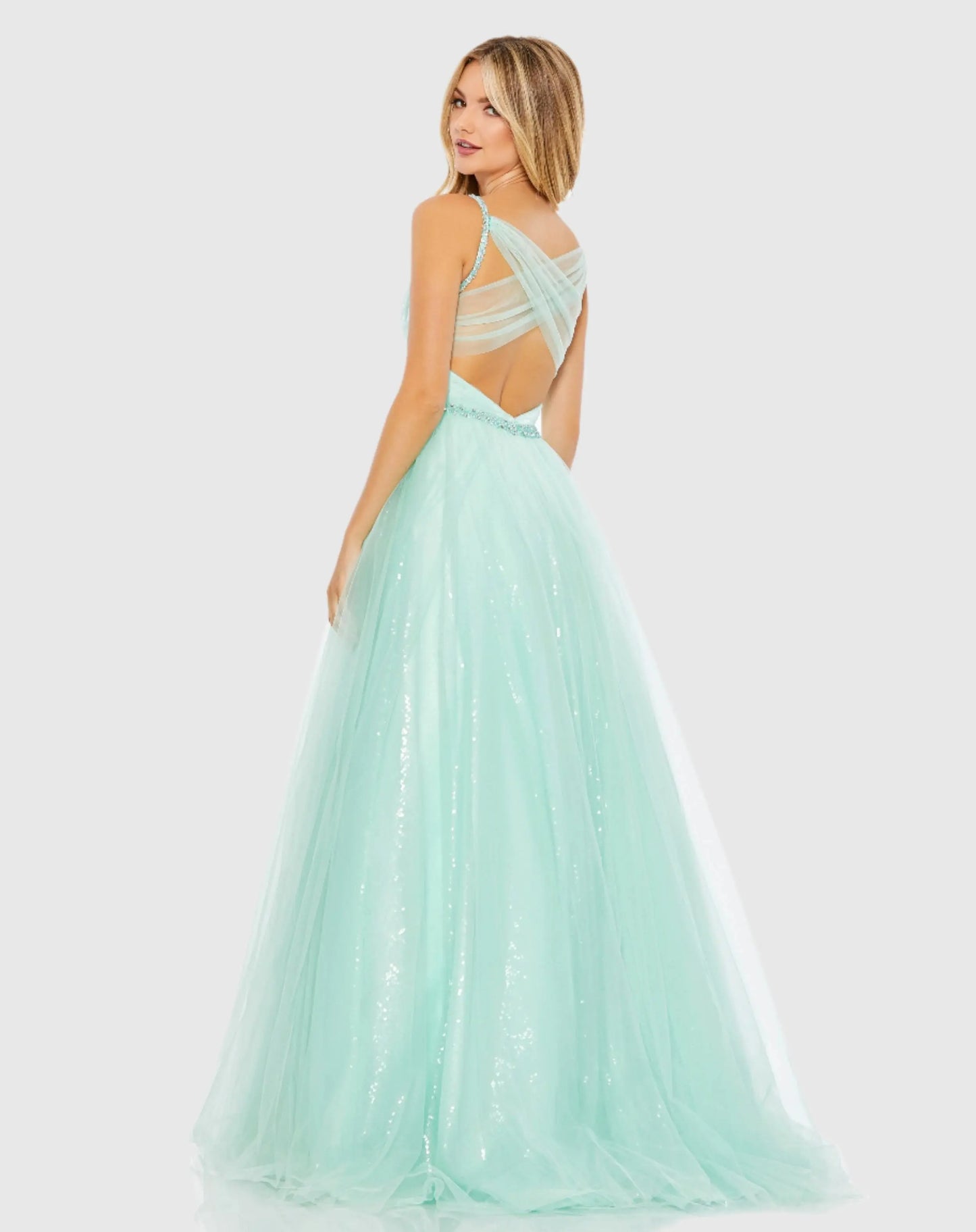 V-Neck Tulle Ballgown with Embellished Belt - FINAL SALE - Mac Duggal