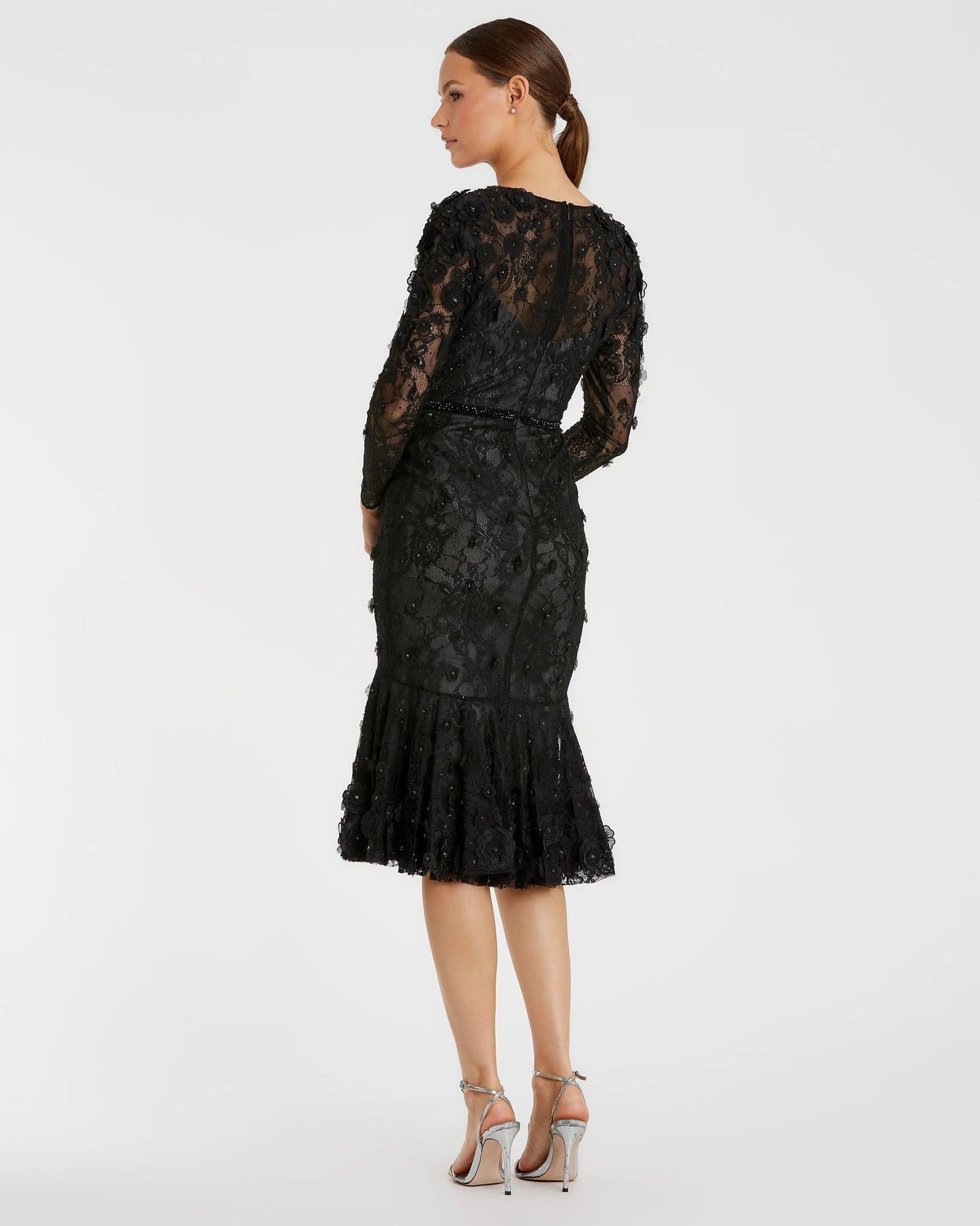 Black Floral Appliqué Long Sleeve Cocktail Dress - Mac Duggal