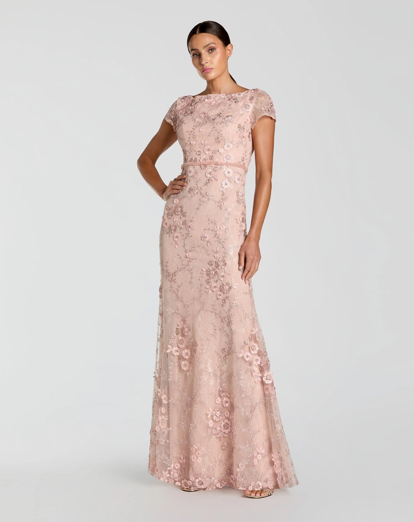 Pink Floral Applique Boat Neck Cap Sleeve Gown - Mac Duggal