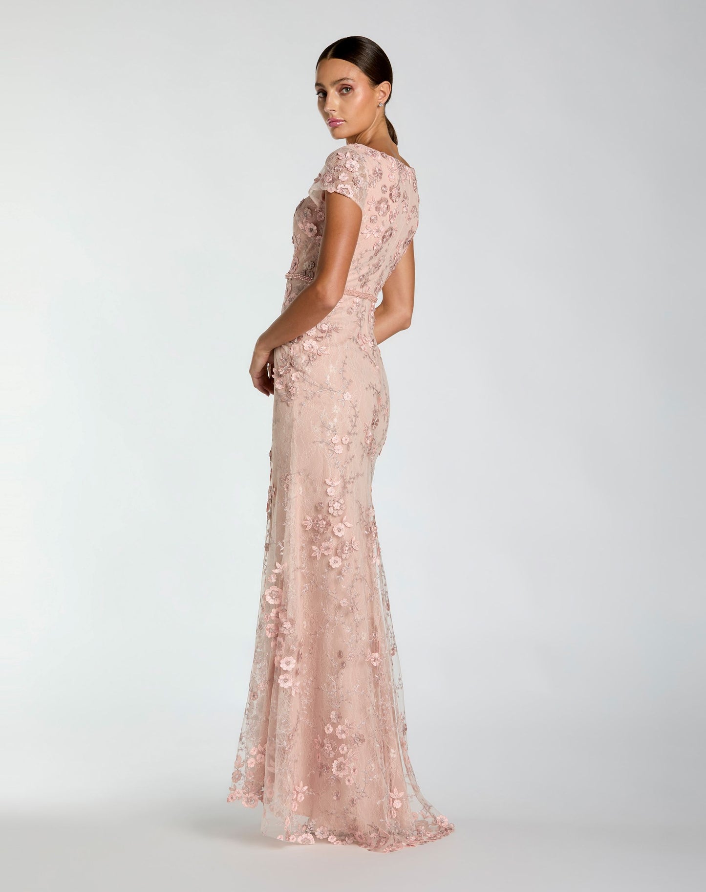 Pink Floral Applique Boat Neck Cap Sleeve Gown - Mac Duggal