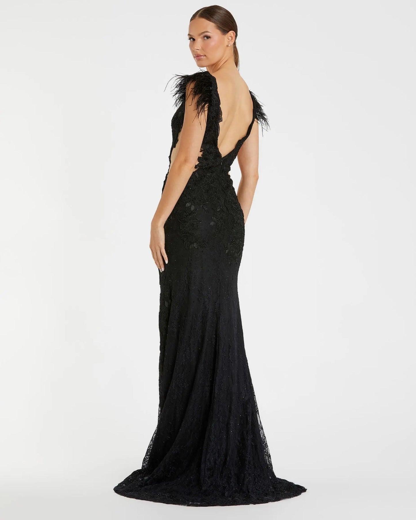 Black Feather Cap Sleeve Lace Gown - Mac Duggal