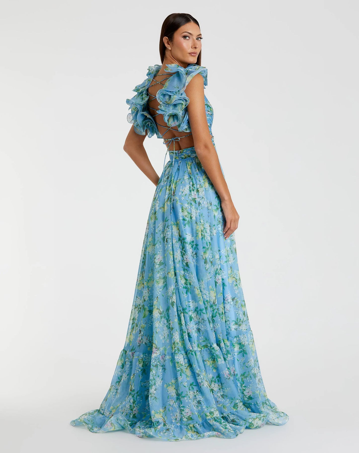 Blue Ruffle Tiered Floral Cut-Out Chiffon Gown - Mac Duggal