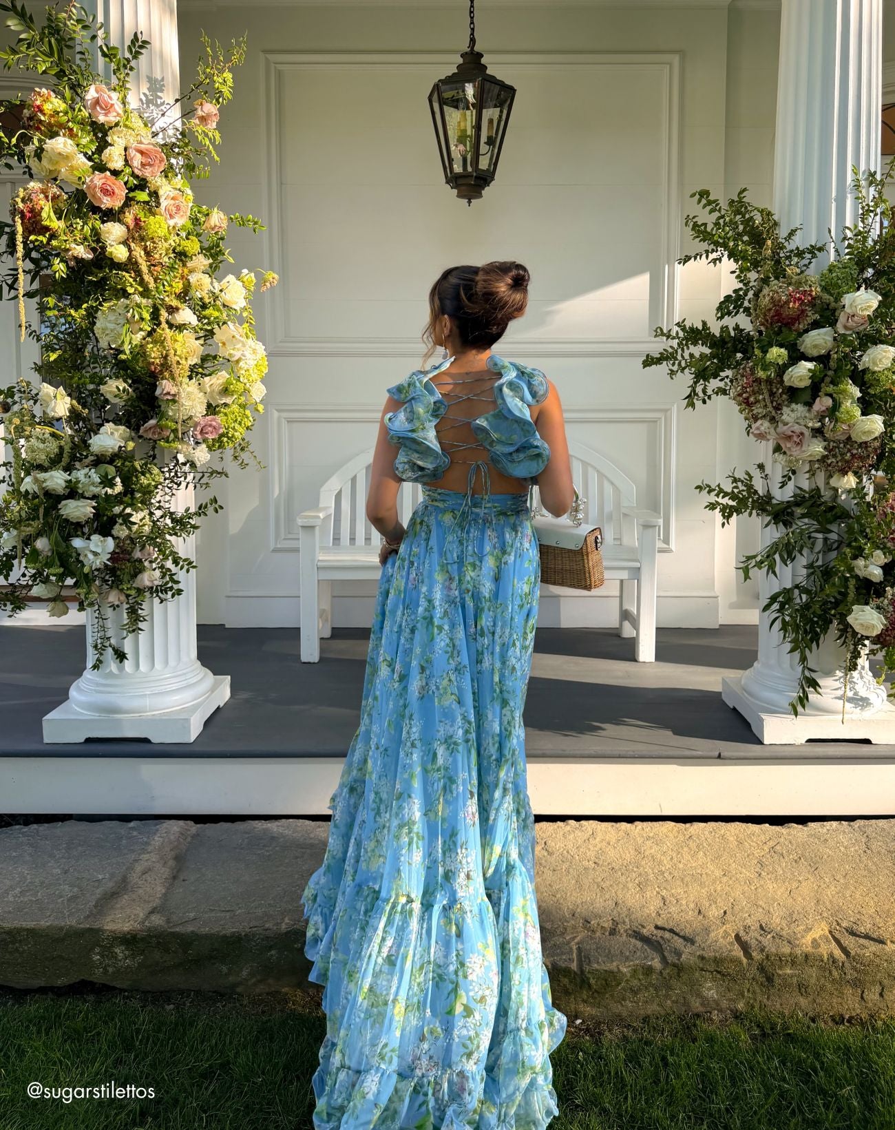 Blue Ruffle Tiered Floral Cut-Out Chiffon Wedding Guest Gown - Mac Duggal