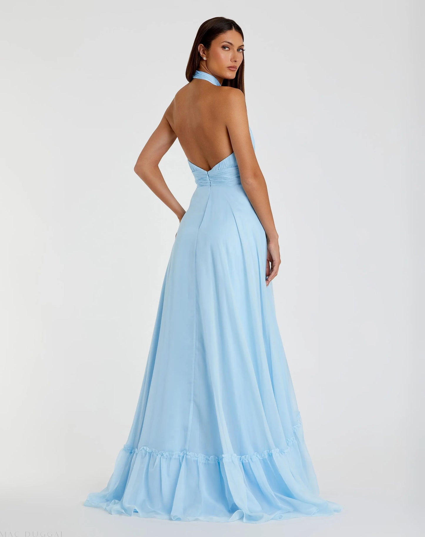 Blue High Neck Tiered Chiffon Halter Gown - Mac Duggal