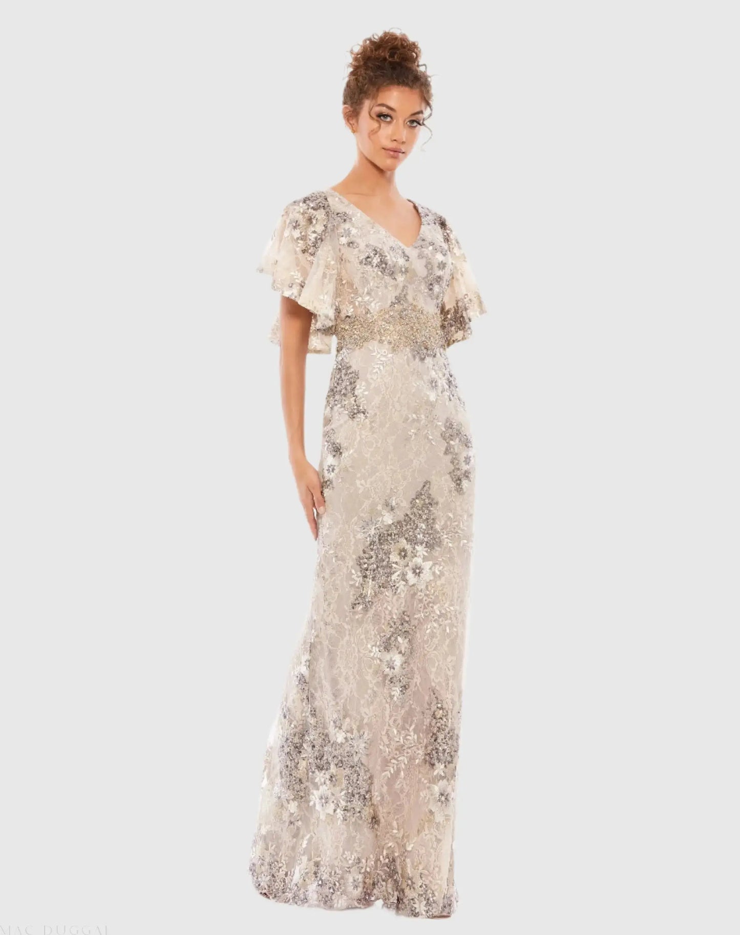 Beige Bell Sleeve Floral Embellished Gown - Mac Duggal