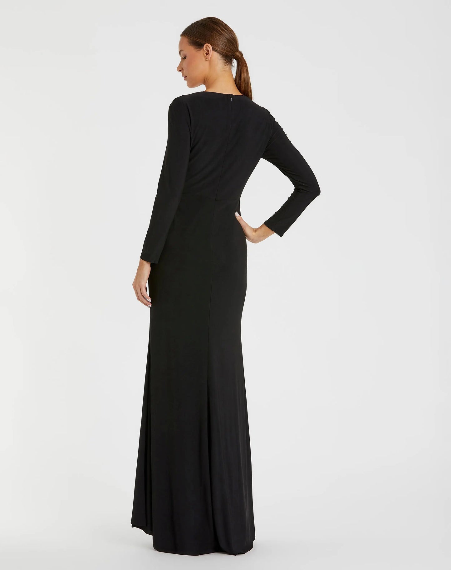 Black Faux Wrap Long Sleeve Evening Gown with Appliqué Detail - Mac Duggal