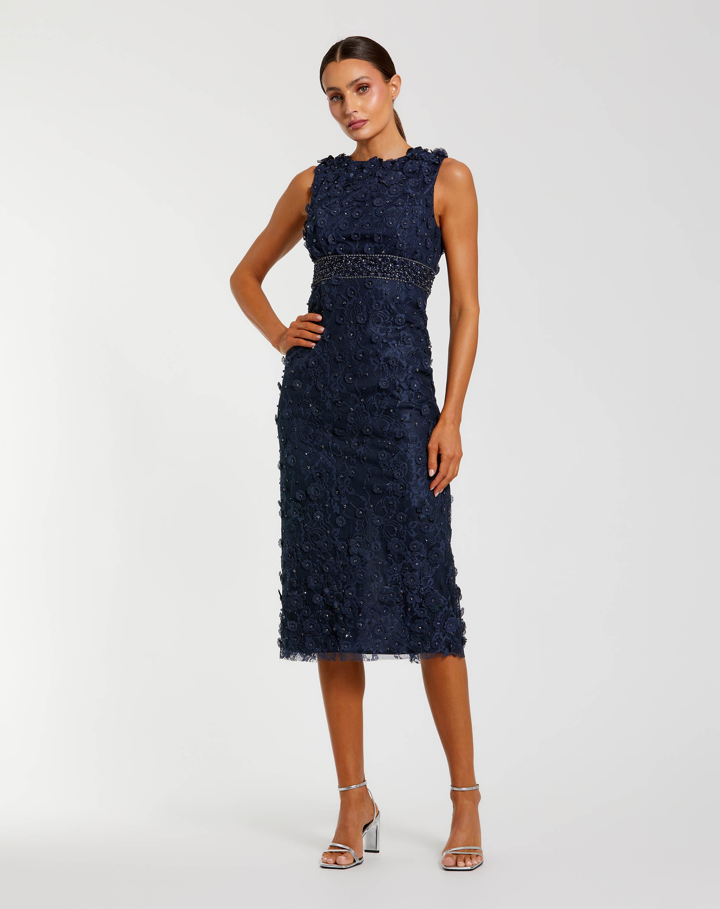 floral midi dress sleeveless Navy Applique Stacees Bridal Wedding Dress shapes adjustable spaghetti straps BTS 10/18/25 Color:Champagne/Silver
