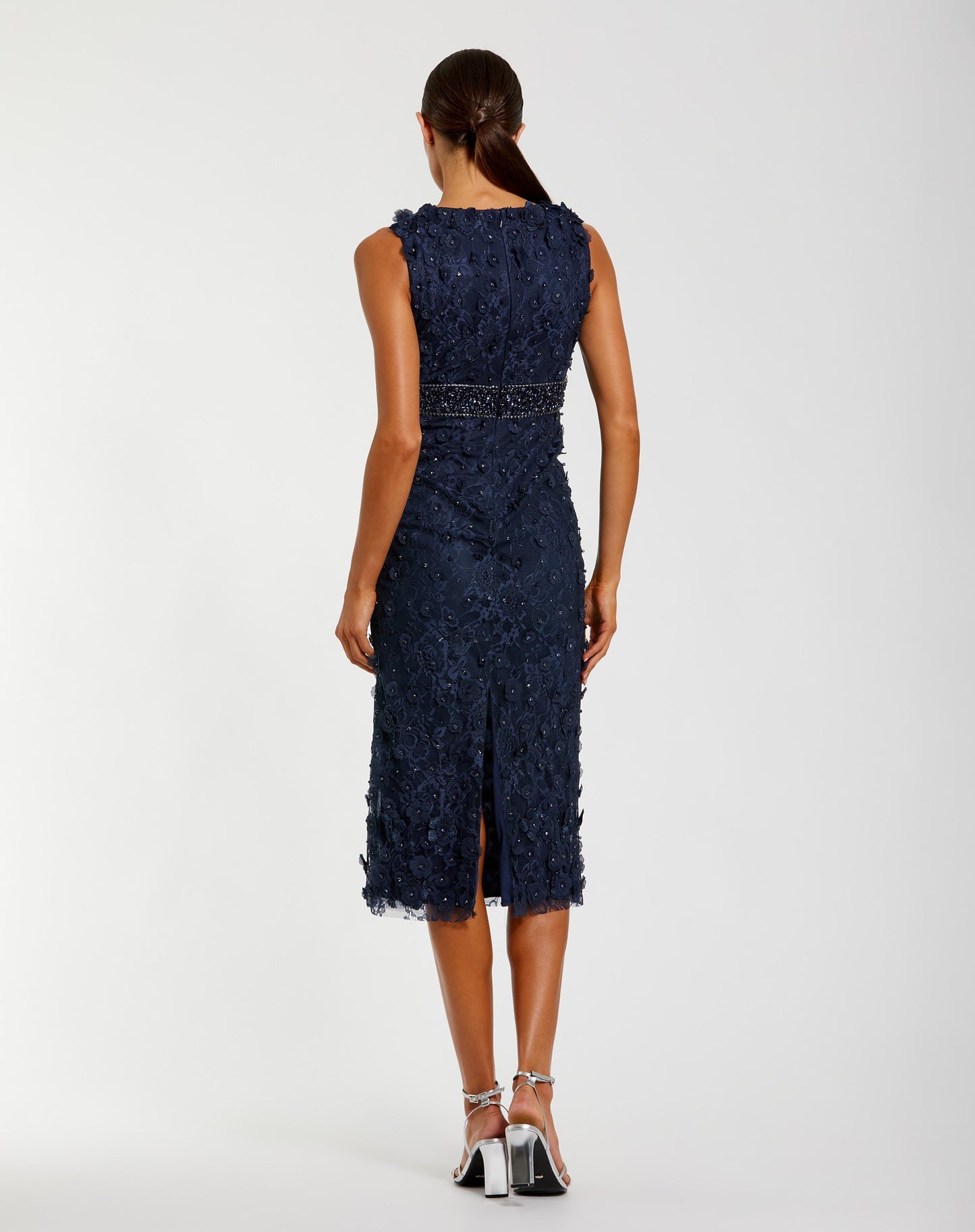 Navy Floral Applique Sleeveless Midi Dress Mac Duggal