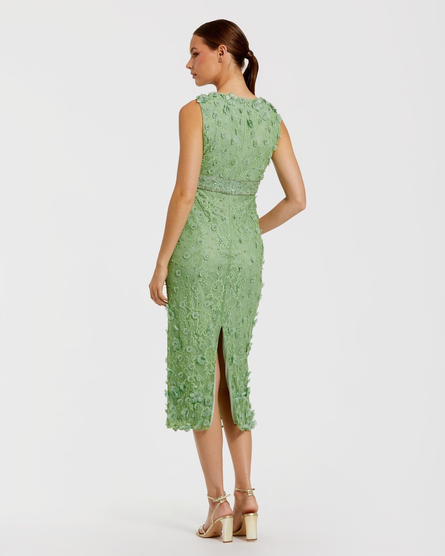 Green Floral Applique Sleeveless Midi Dress Mac Duggal