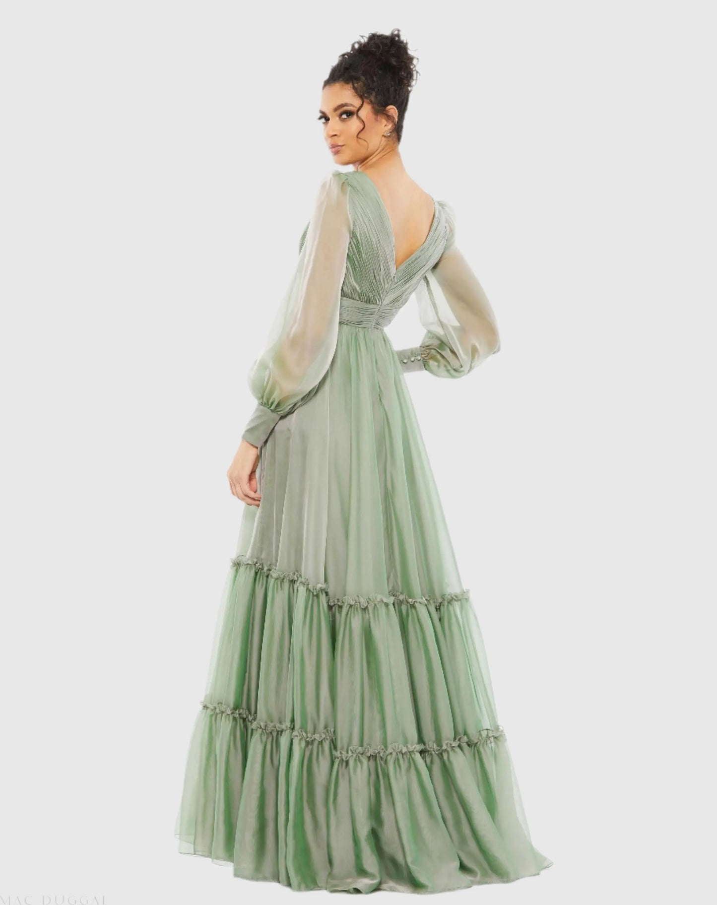 Green Faux Wrap Illusion Bishop Sleeve Tiered Gown - Mac Duggal