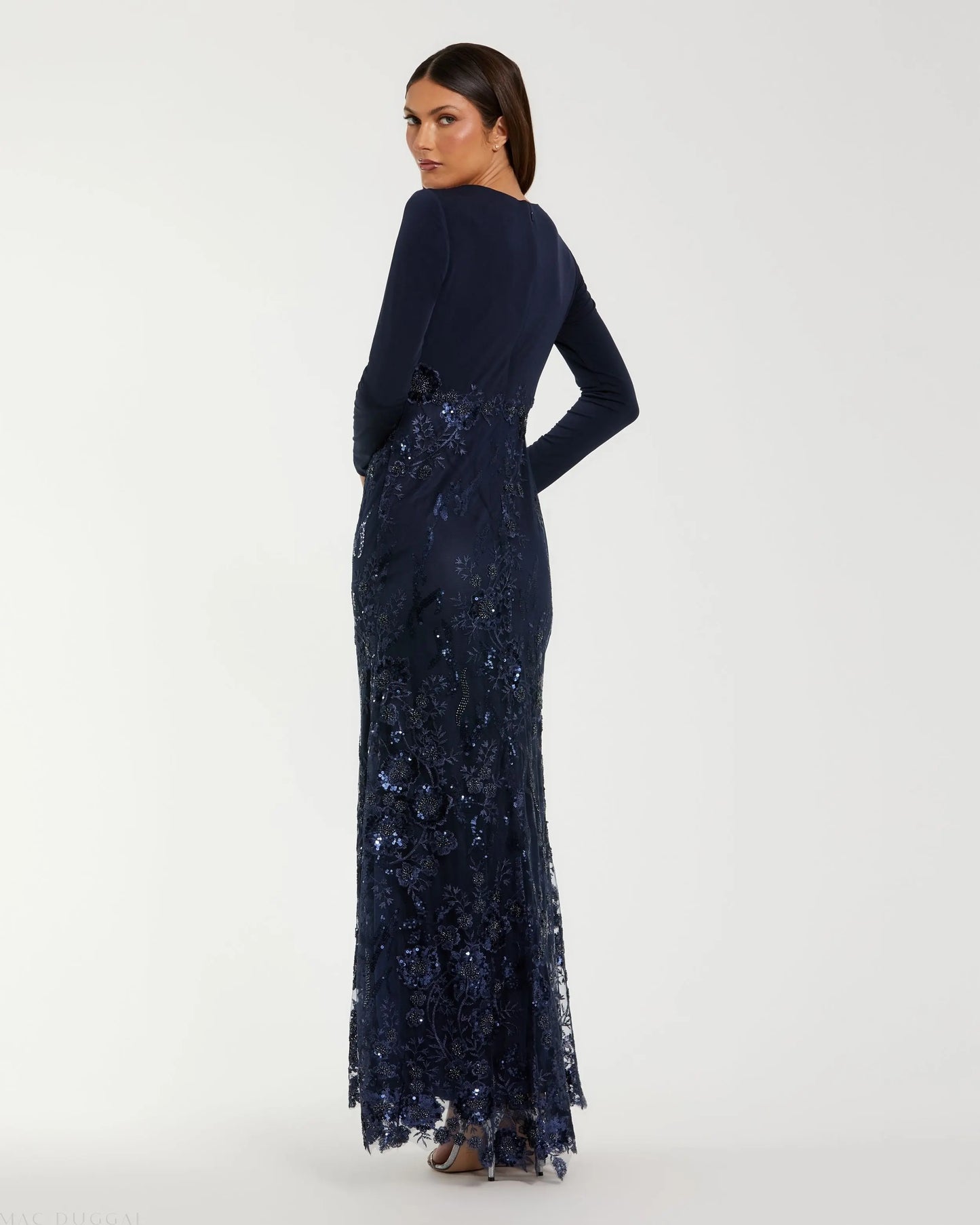 Navy Embellished Long Sleeve Wrap Over Trumpet Gown Mac Duggal