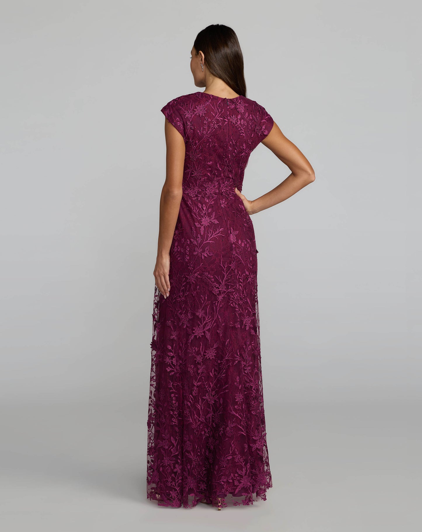 Purple Faux Wrap Embroidered Cap Sleeve Gown Mac Duggal