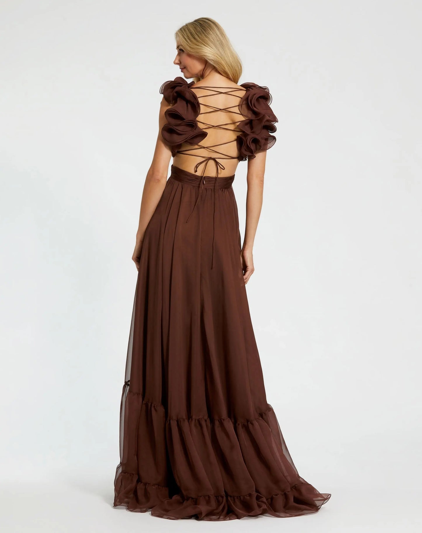 Brown Ruffle Tiered Cut-Out Chiffon Gown - Mac Duggal