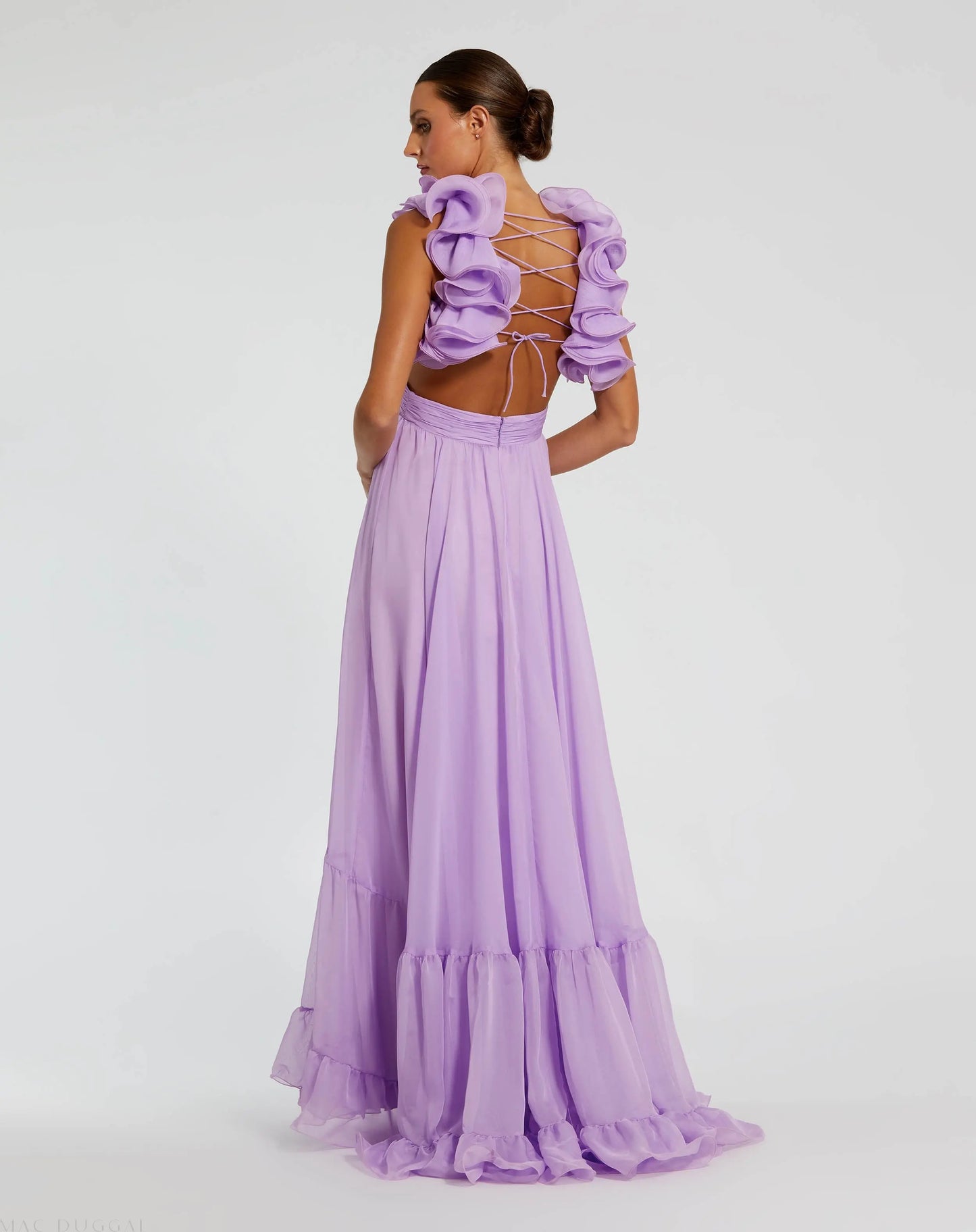 Purple Ruffle Tiered Cut-Out Chiffon Gown Mac Duggal
