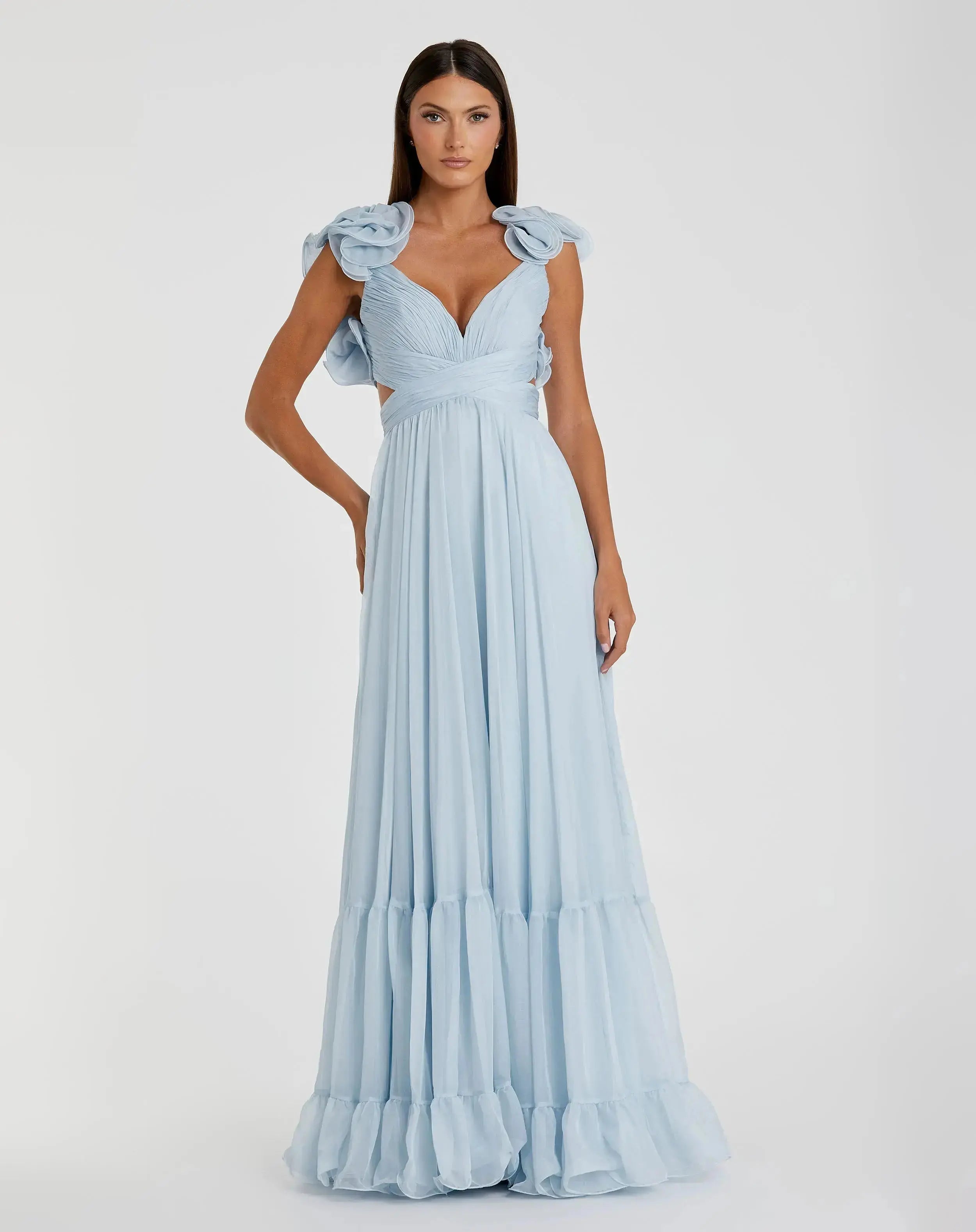 Light Blue Ruffle Tiered Cut-Out Chiffon Gown | Mac Duggal Light Blue Ruffle Tiered Cut-Out Chiffon Gown | Mac Duggal