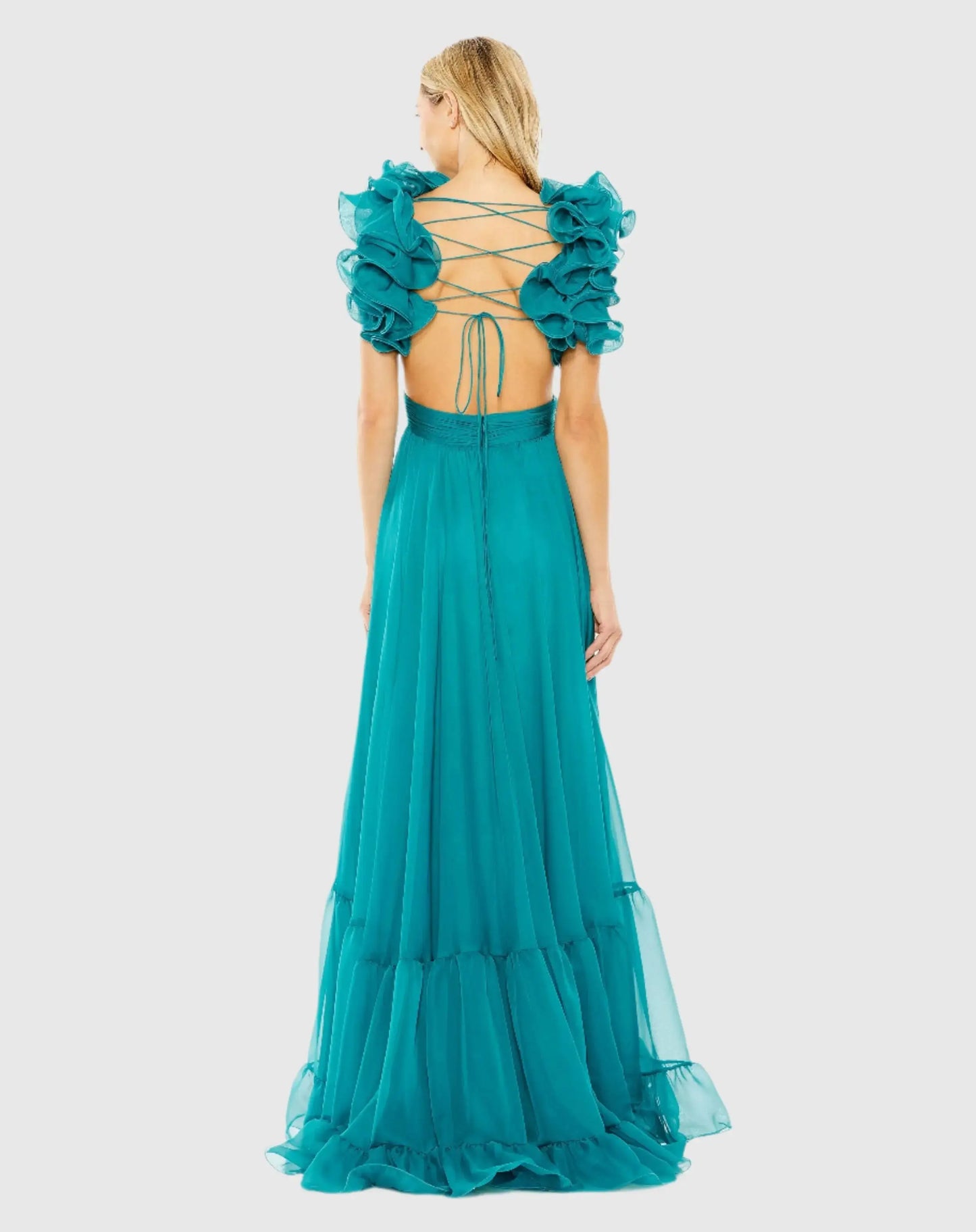 Blue Ruffle Tiered Cut-Out Chiffon Gown - Mac Duggal