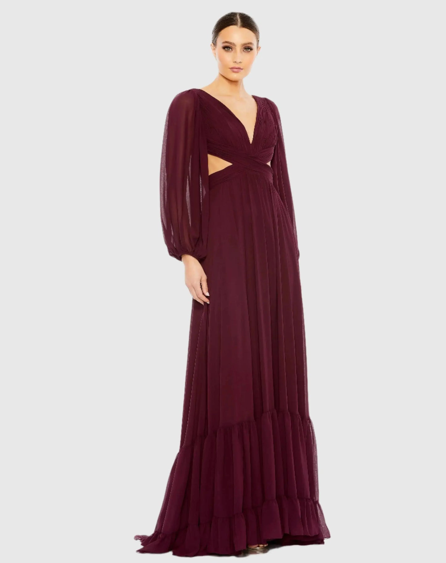 Purple Pleated Cut Out Long Sleeve Lace Up Tiered Gown