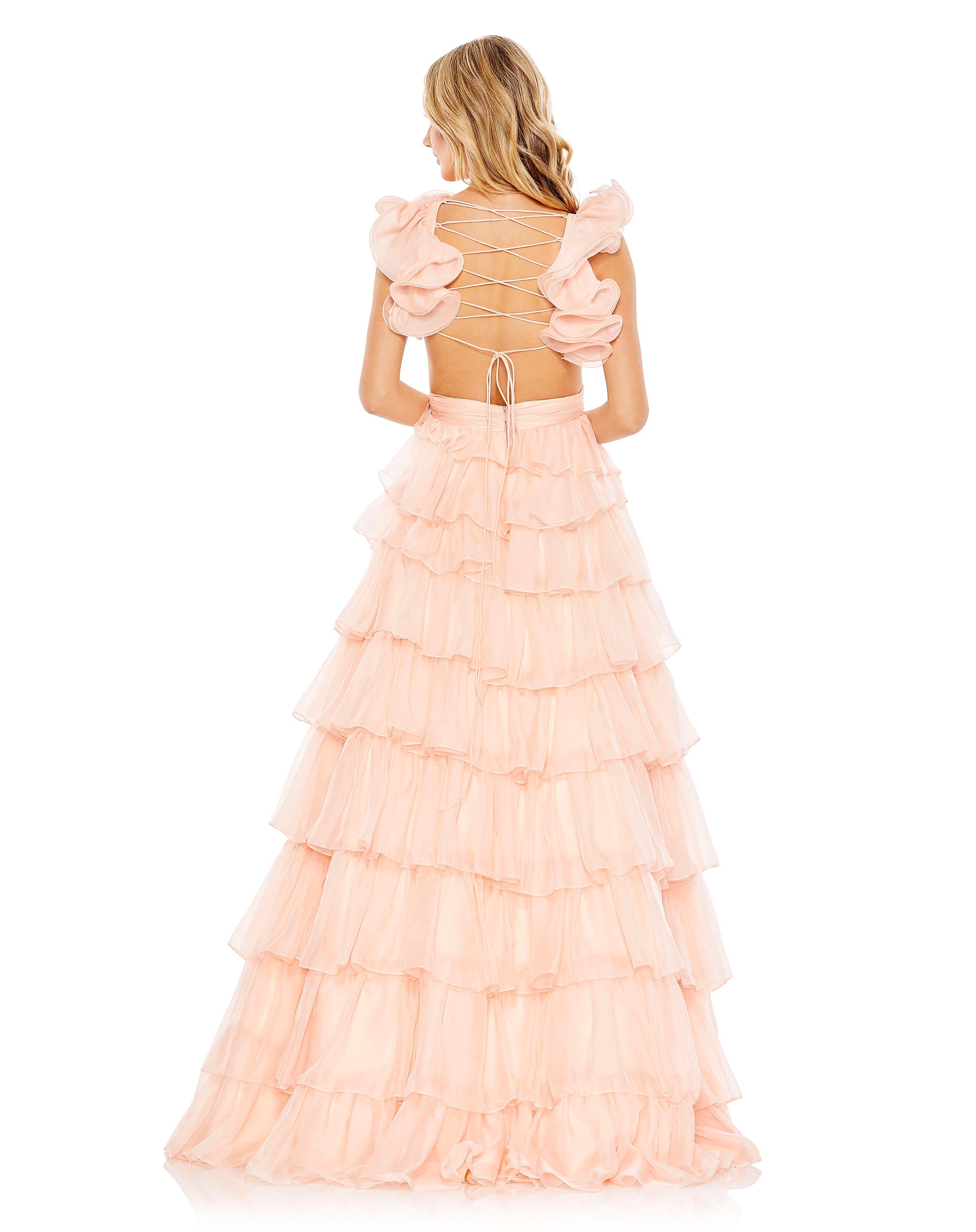 Ruffled Lace Up Back Ballgown