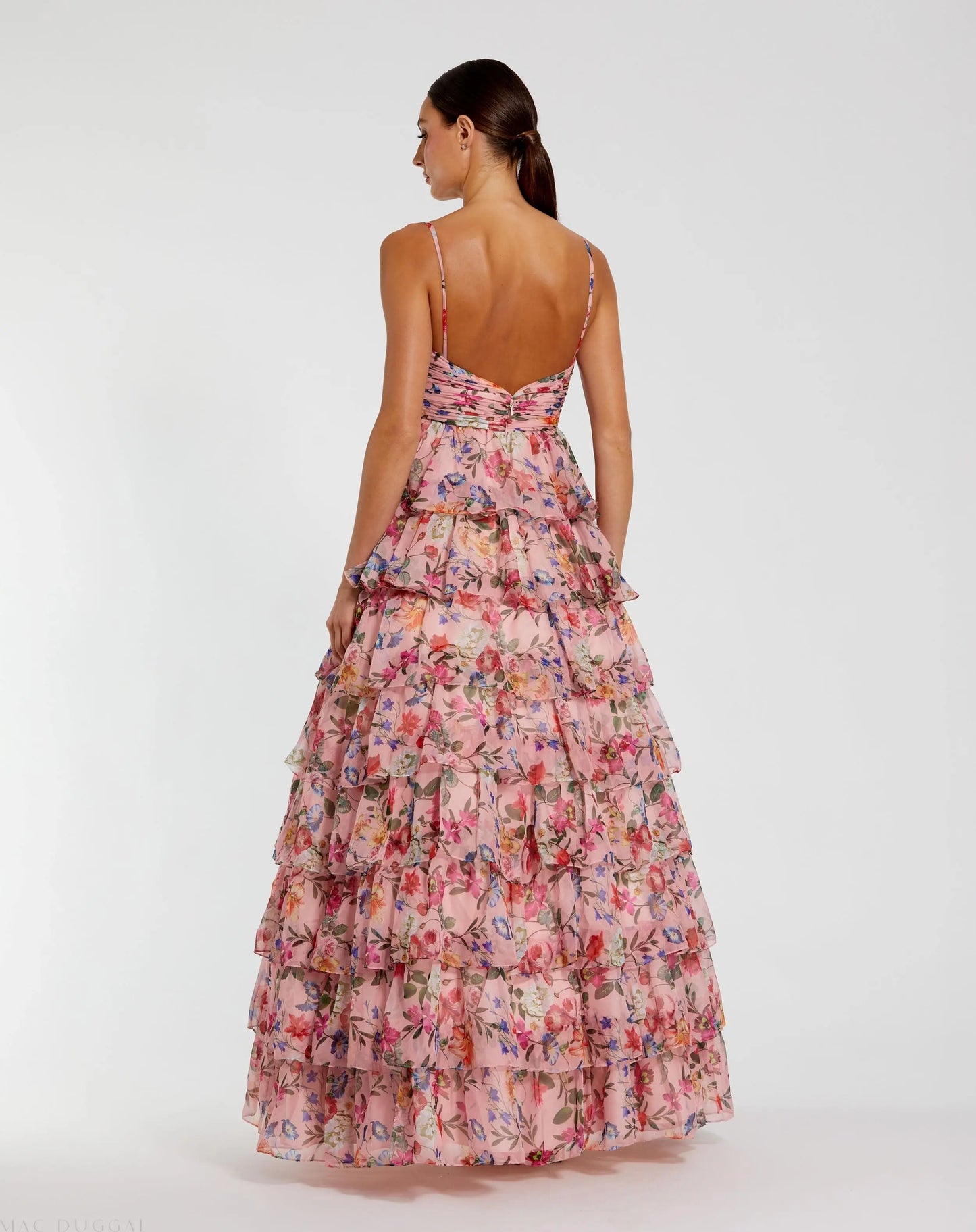 Pink Floral Cut Out Ruffle Tiered Gown Mac Duggal