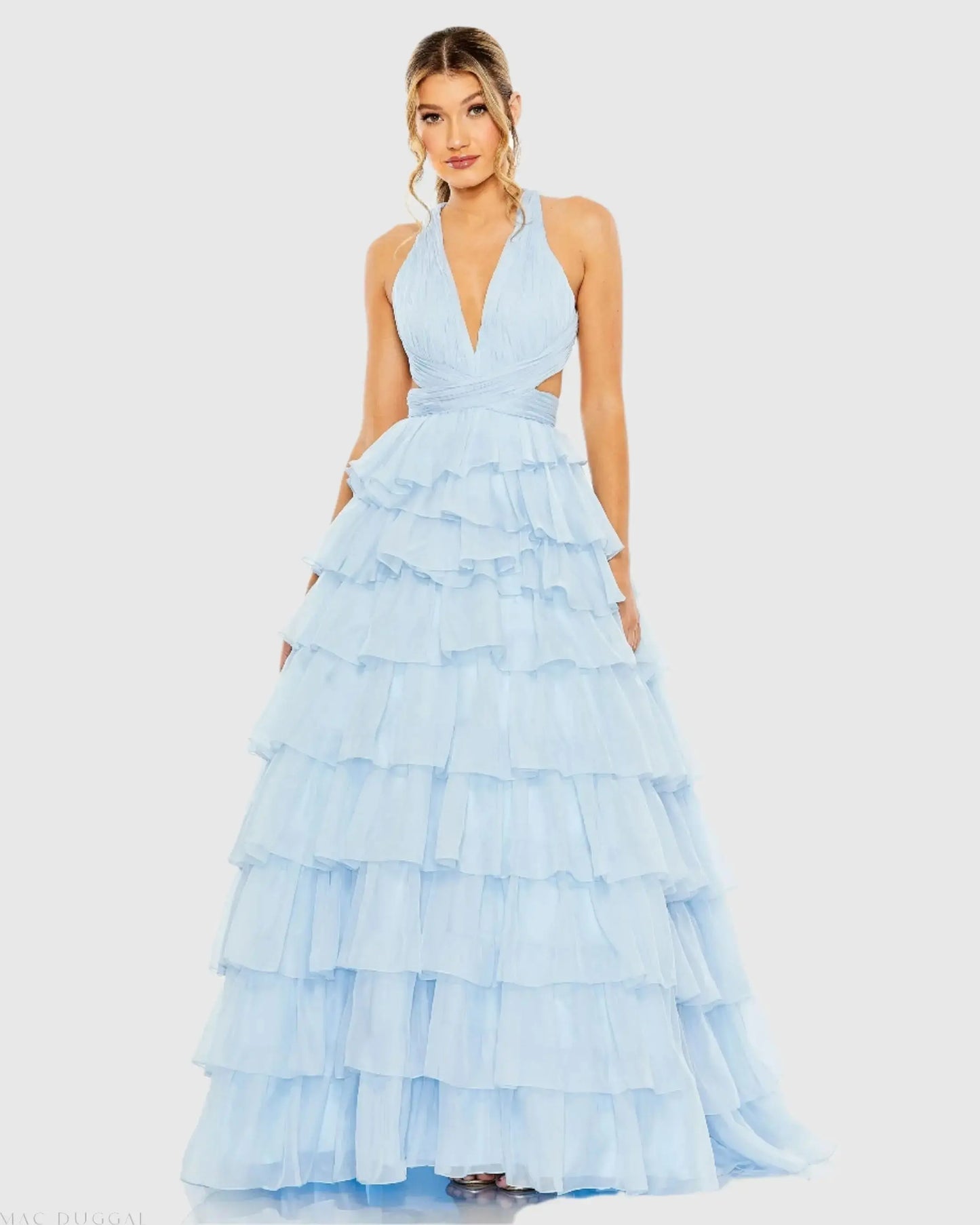 Blue Chiffon Layered Cut Out Ballgown - Mac Duggal