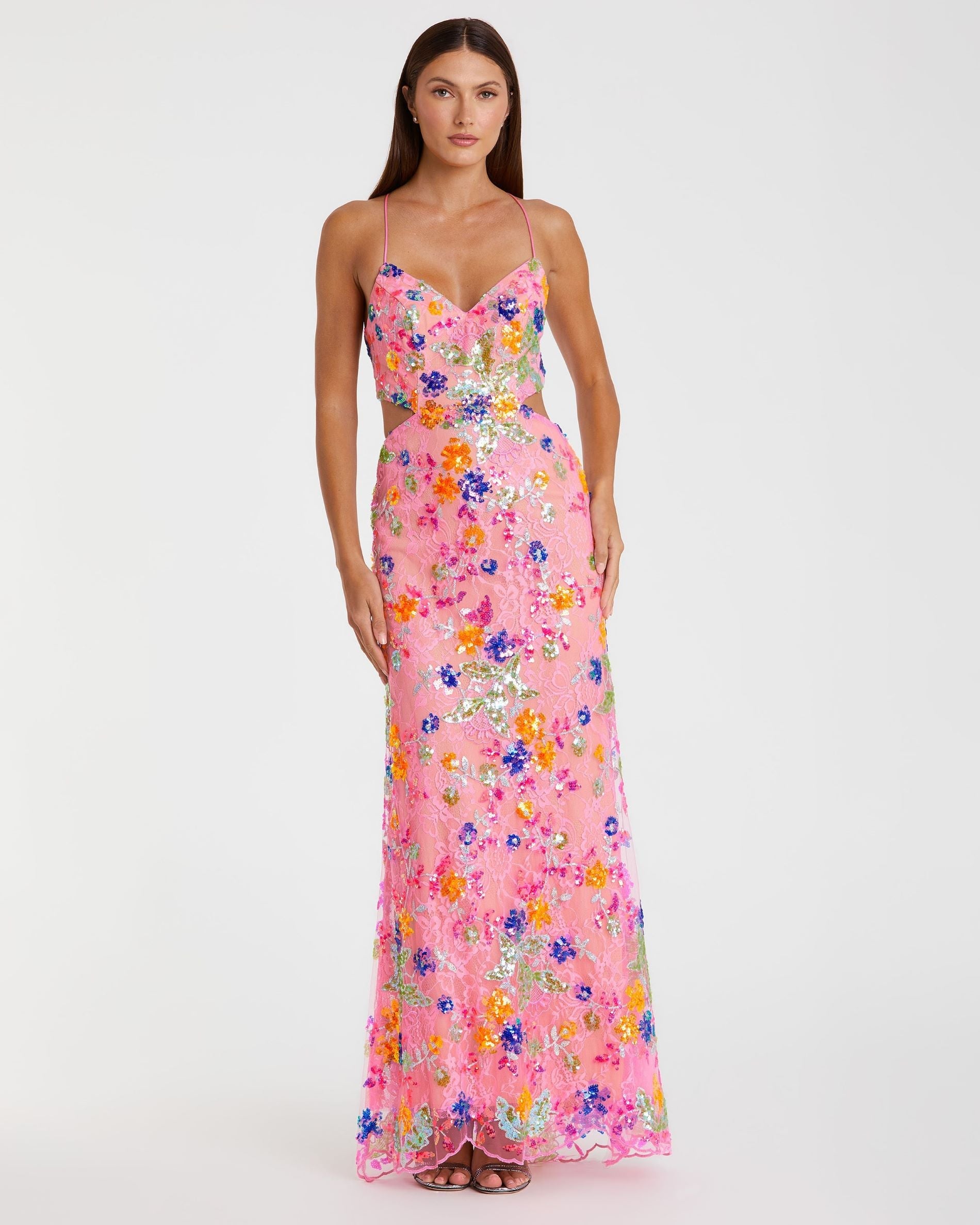 Pink Embellished Lace Strappy Column Gown Pink Embellished Lace Strappy Column Gown
