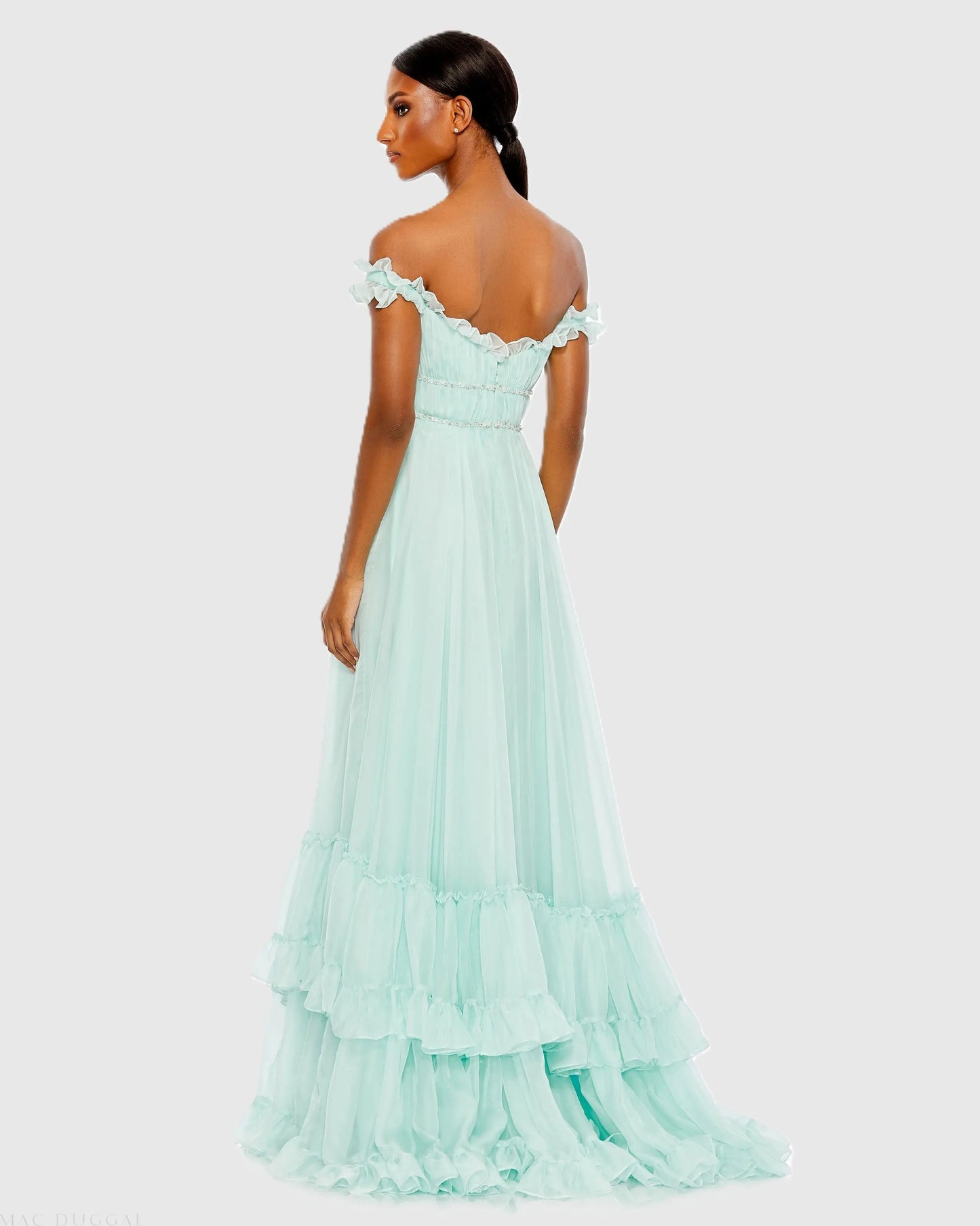 Blue Ruffle Tiered Babydoll Flowy Gown Mac Duggal